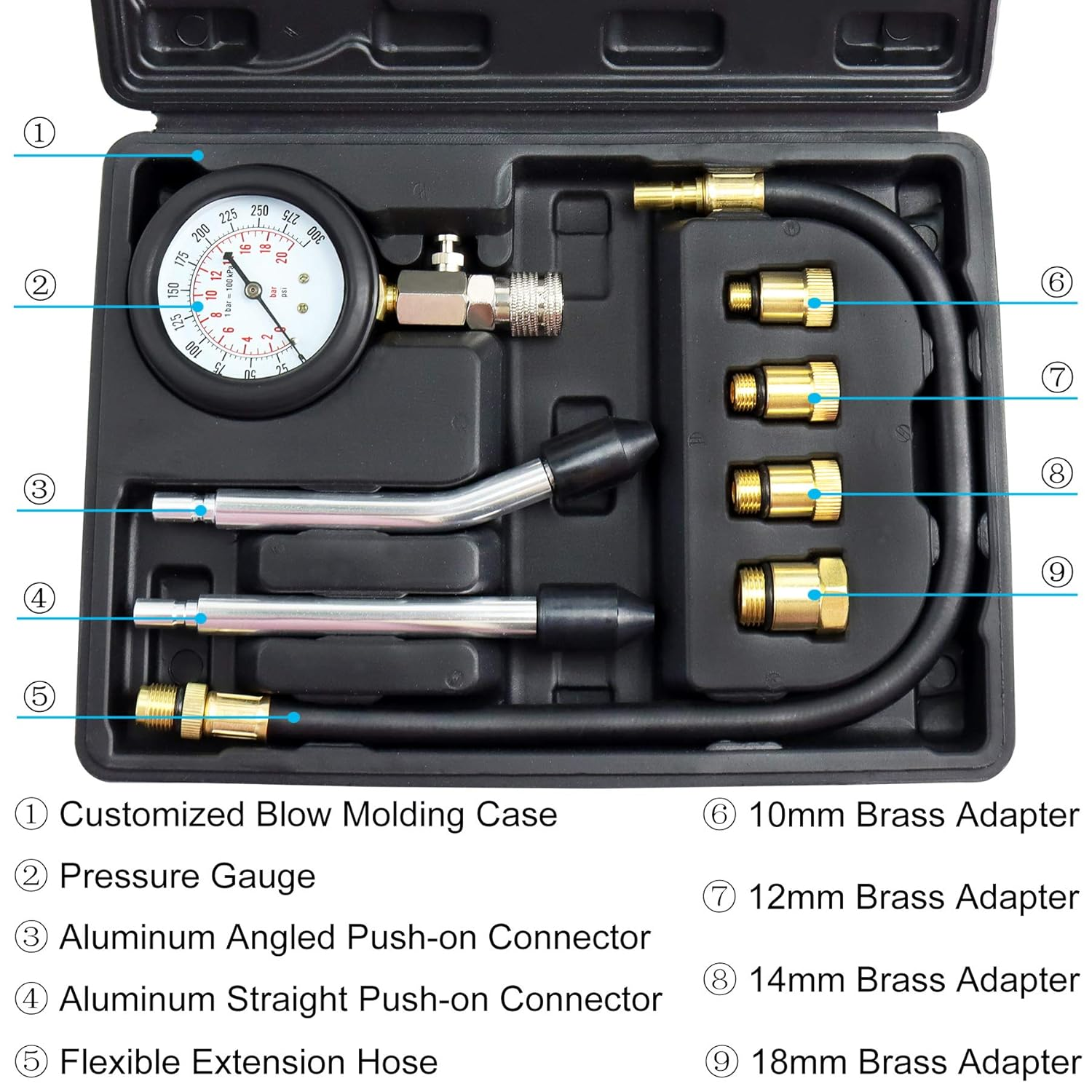 JIFETOR Compression Tester Kit, Engine Cylinder Test Tool 8PCS Set with Pressure Gauge Adapters, Testing Small Gas Petrol Engine on Automotive Motorcycle Auto Outboard Snowmobile ATV Aircraft Chainsaw image number 6