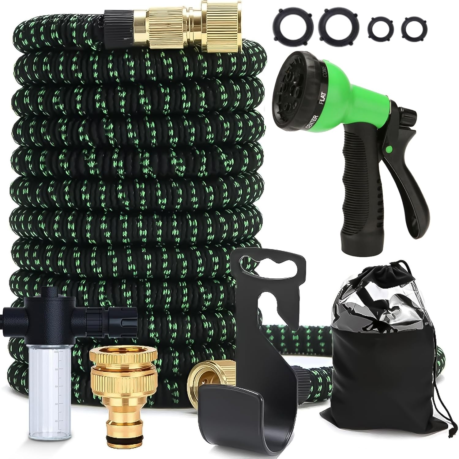 100Ft Expandable Garden Hose, with 8-Pattern Nozzle, 1/2' & 3/4' Convertible Connectors, Retractable Water Hose High Pressure with Dispenser Bottle for Car Wash & Lawn Watering
