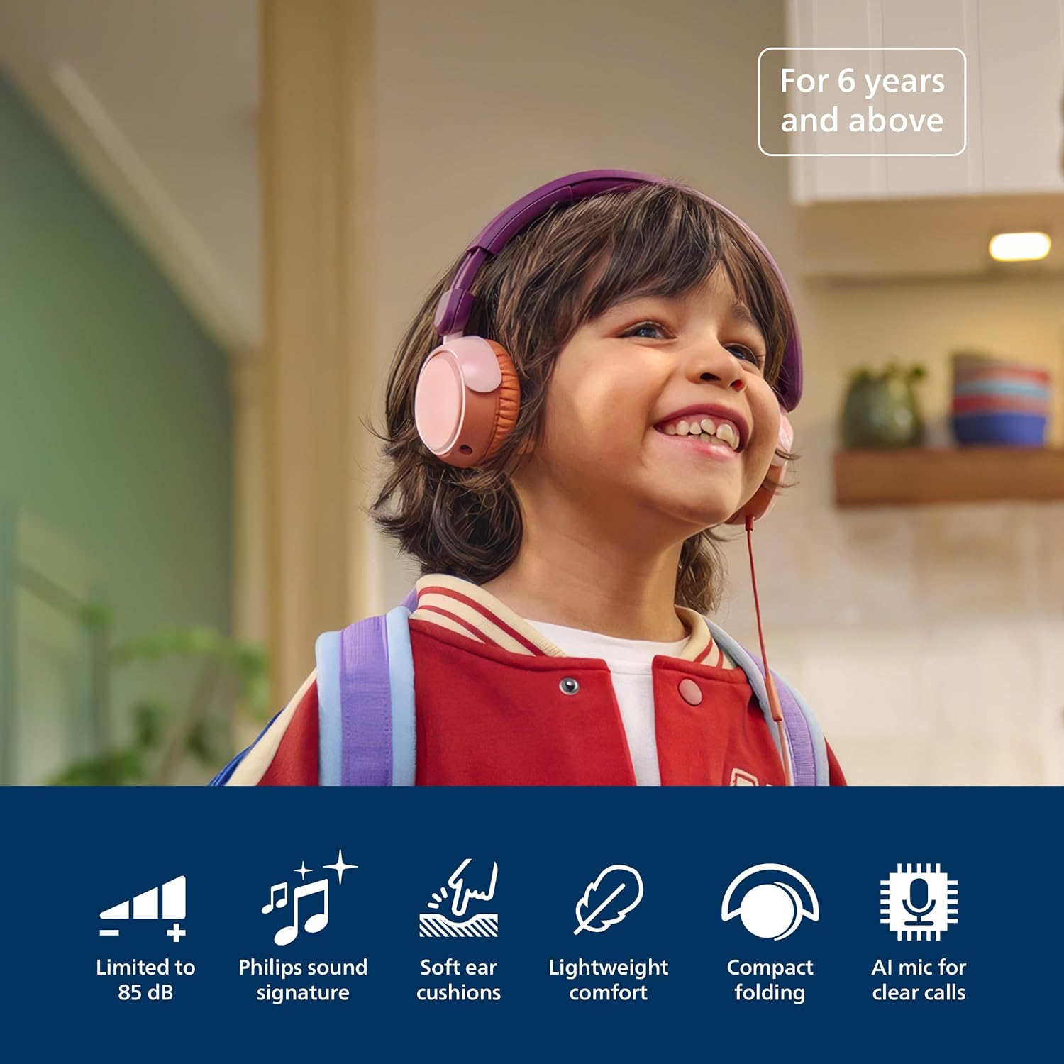 Philips TAK2000MP 2000 Series on Ear Wired Kids Foldable Headphones - Volume Limited, Audio Sharing, 3.5Mm and USB-C Cable Included - Magenta Purple image number 2