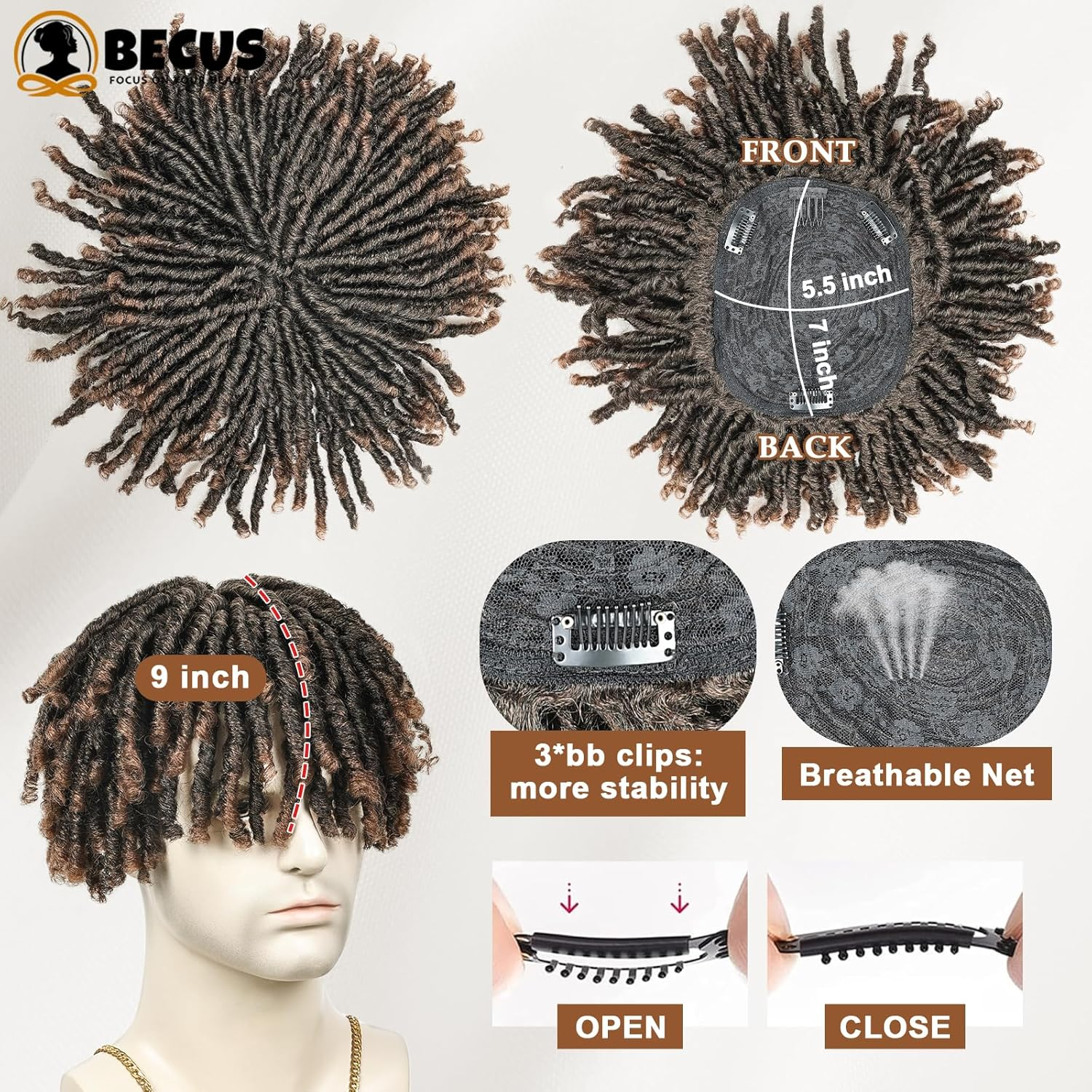 BECUS Dreadlock Toupee for Men Short Braided Toppers for Black Women Curly Synthetic Wiggy image number 2