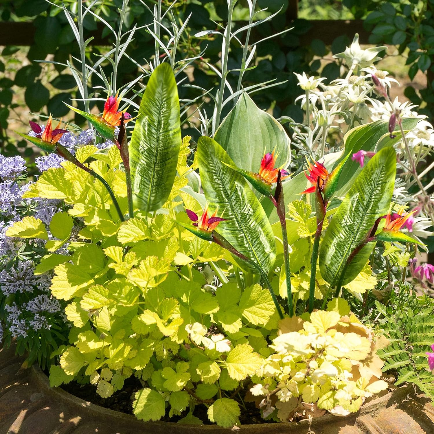 Artificial Bird of Paradise Flowers Real Touch 24'In Long Stem Flower 4 Pcs, with Bird of Paradise Leaves 28'In Long Stem Greenery Plants 2 Pcs,For Home Garden Wedding Party Decor (Orange 6 Stems) image number 2