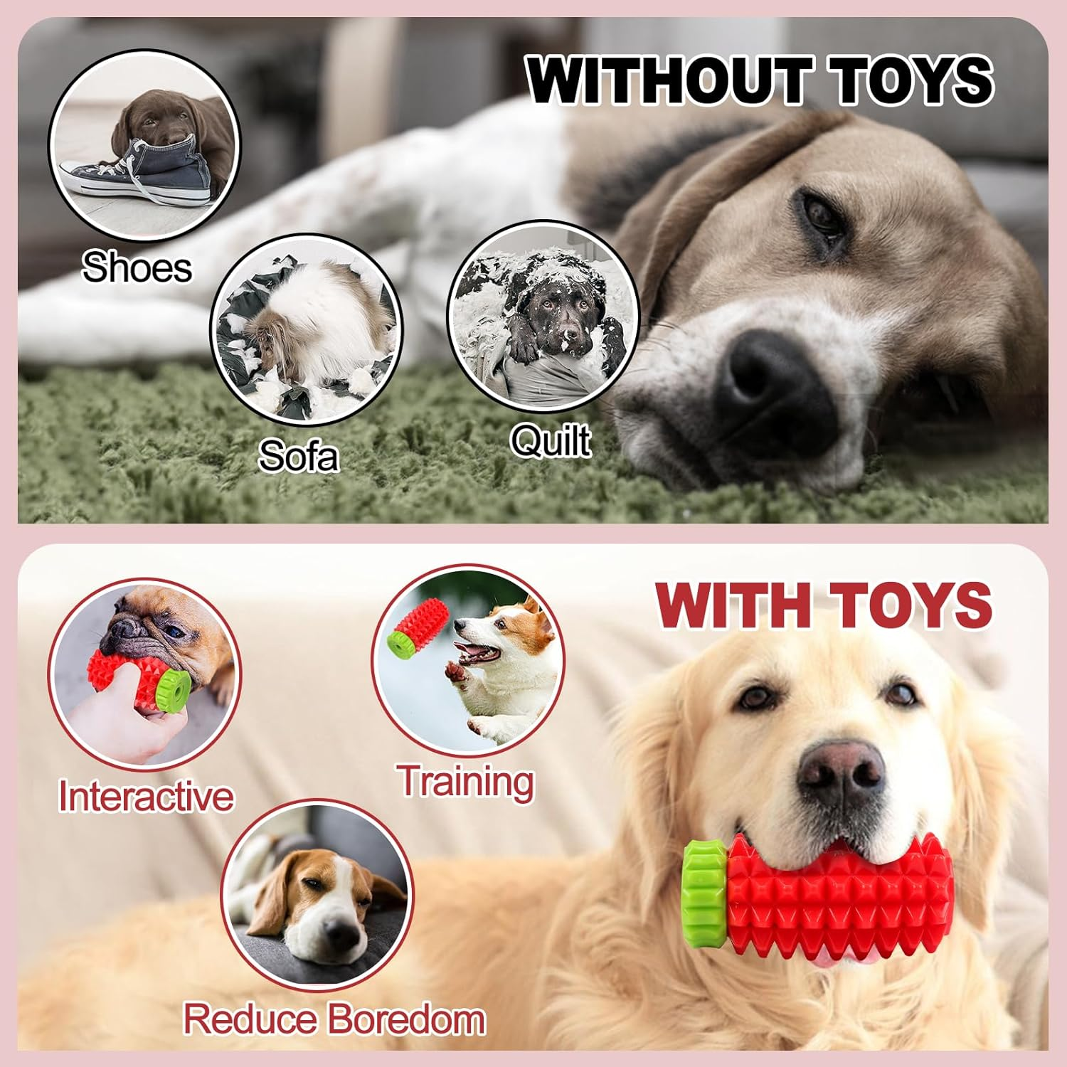 Joyfia Dog Interactive Chew Toy, Food & Treat Dispensing, Fun to Chew, Chase & Fetch, IQ Mental Stimulation & Enrichment, Boredom Buster for Small Medium & Large Breeds, Rubber Teething Dog Toys