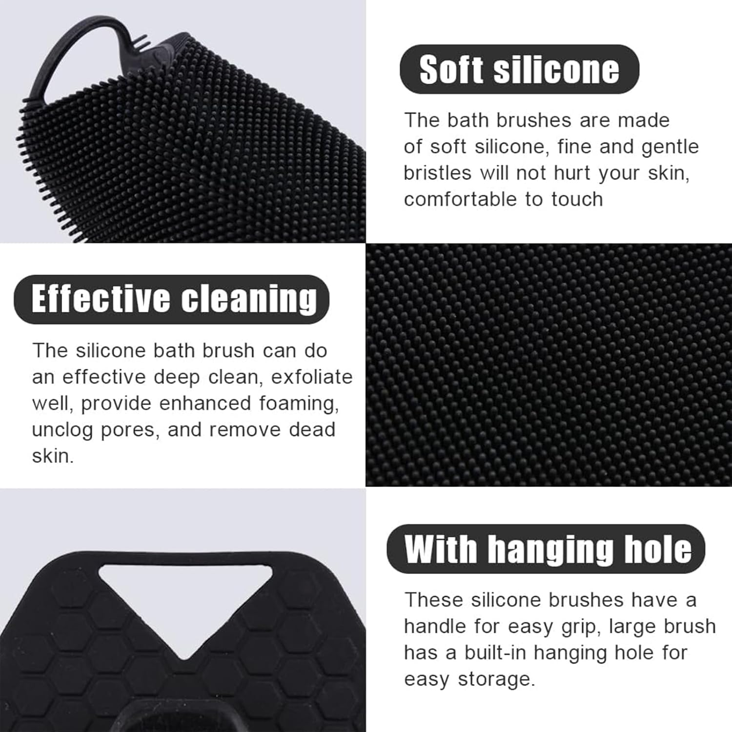 3 in 1 Silicone Body Scrubber Set &ndash; Double-Sided Shower Brush with Long Anti-Slip Handle, Rich Lather Bath Brush with Hook for Men & Women (Black)