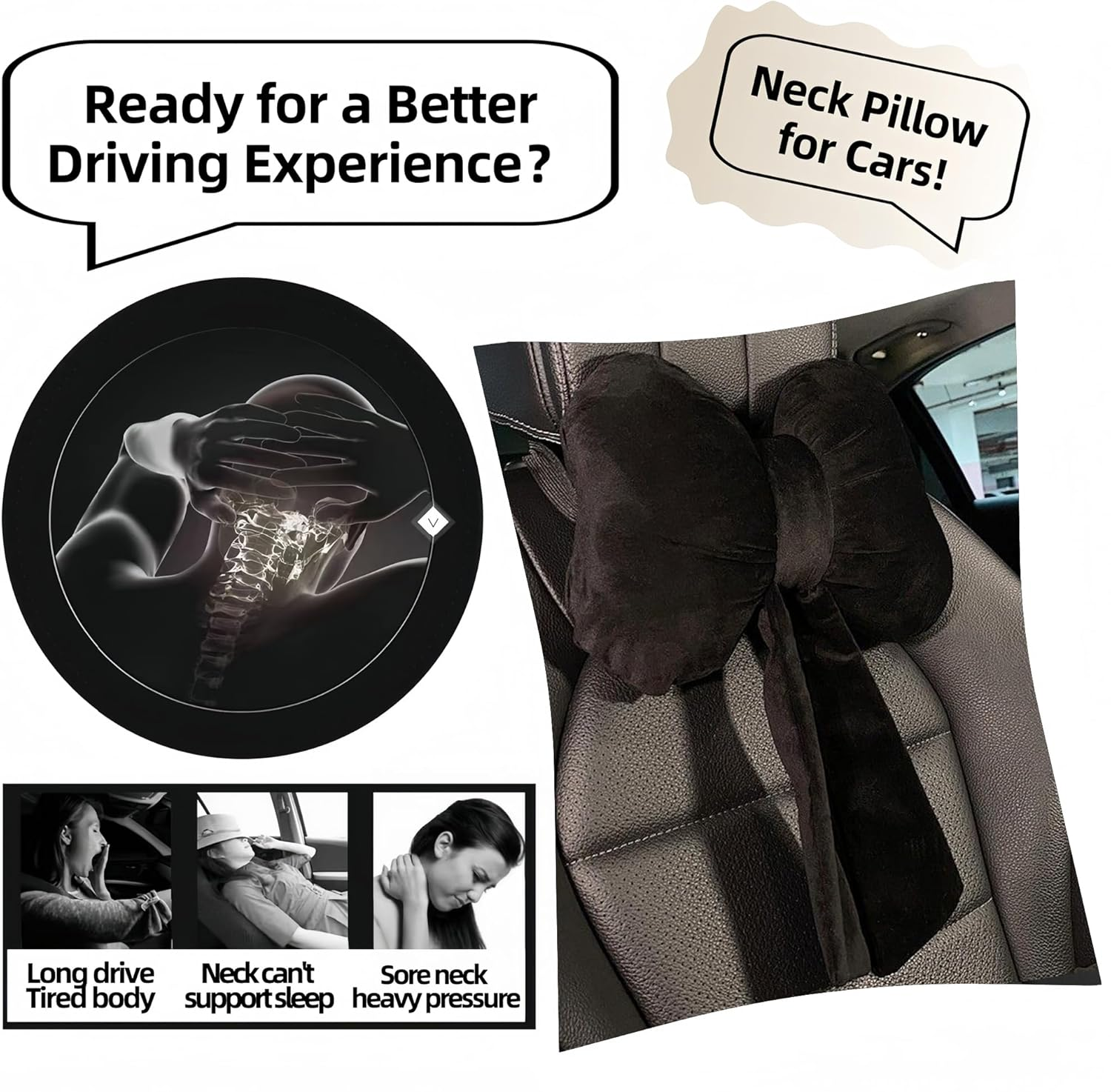 Car Neck Pillow 2PCS Plush Bowknot Car Headrest Pillow &ndash; Comfortable Neck Support for Driving Soft Touch Fabric Car Pillow Cute Girl-Style Interior Decor (Black)