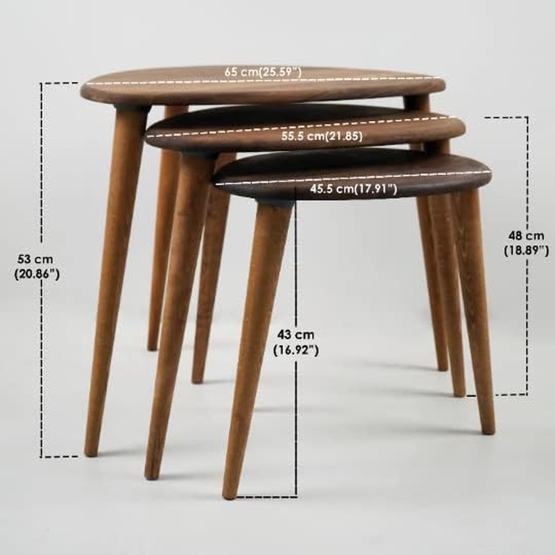 Ultimate Premium Products Solid Nesting Table Set of 3- Oak Mid Century Pebble Tables with Tapered Legs &ndash; Wooden Home Furniture in a Retro Style - Oak