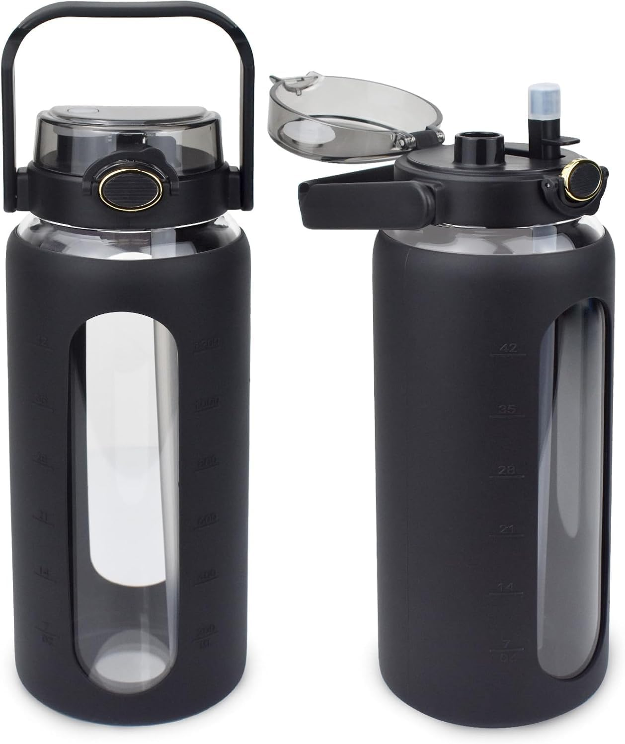 PKBD 1800Milliliter Glass Water Bottle with Silicone Sleeve, Half Gallon Water Bottle with 2 in 1 Lid and Straw, 2L Large Glass Water Jug for Sports Gym Workout White