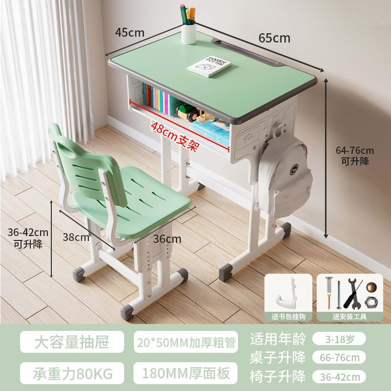 Kids' Desk Chair Sets, Adjustable Height Children Study Desk and Chair Set Large Storage Drawer, Multifunctional School Student Writing Study Table and Chair Set, Ergonomic Design (Green)