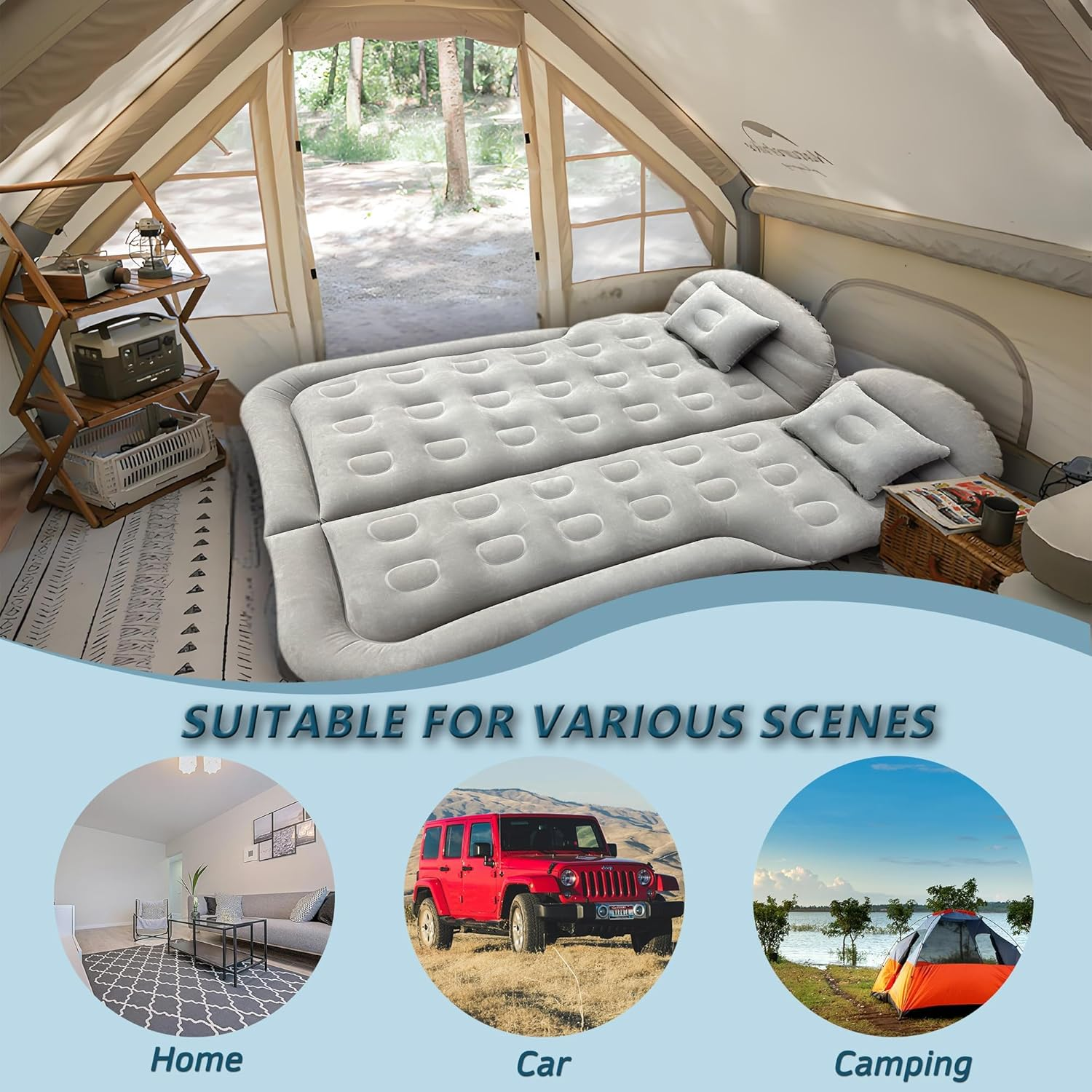 Car Air Mattress, Inflatable Thickened Flocking Travel Camping Bed with Air Pump 2 Pillows, Upgraded Honeycomb Structure, Mobile Cushion, Portable Sleeping Bed for SUV Trunk Rear Seat (Gray) image number 3