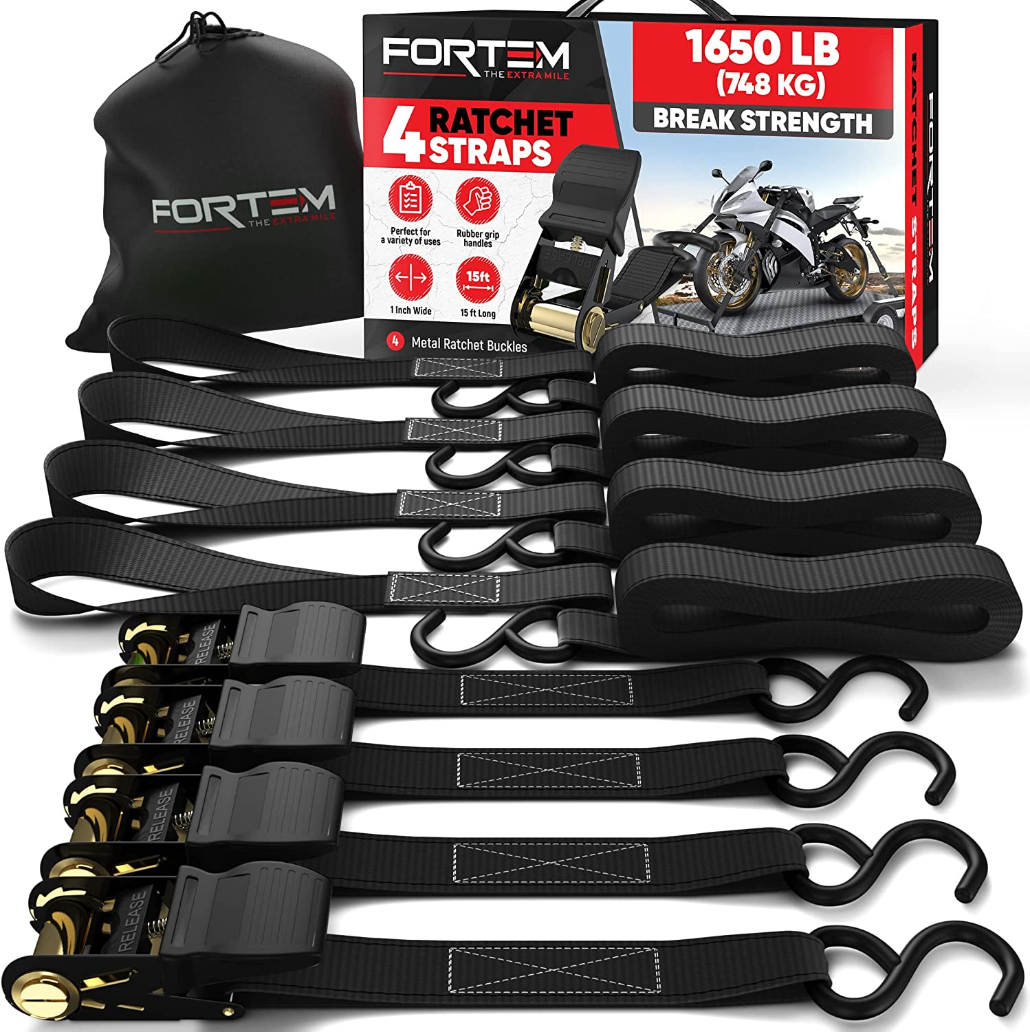 FORTEM Ratchet Straps, 2300Lb Break Strength, 4 15Ft Tie down Strap Set, 4 Soft Loops, Motorcycle Straps Tie Downs, Cargo Straps for Trucks, Rubber Handles, S-Clips, Coated Metal Hooks, (Black)