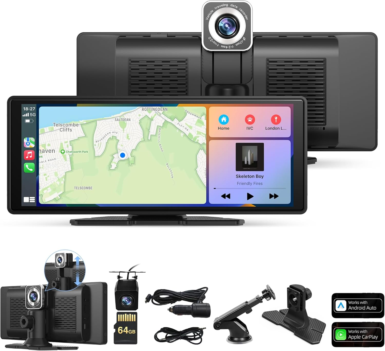 KTX 10.26 Inch Carplay & Android Auto Screen with 4K Dash Cam, Wireless Airplay, GPS Navigation, Backup Camera, Bluetooth, Portable HD IPS Display with FM/AUX &ndash; for All Cars & Trucks image number 5