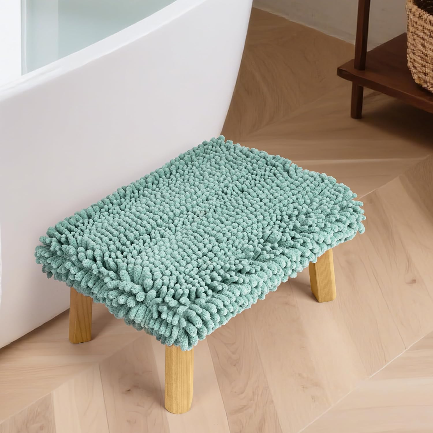 Sunlit One Step Stool with Absorbent Chenille, Stool Holds up to 550 Lbs, Non-Slip Wood Foot Stool, Wooden Step Stool for Adults, Step Stools for Kids, Kitchen Bathroom Bedroom, Mint image number 5