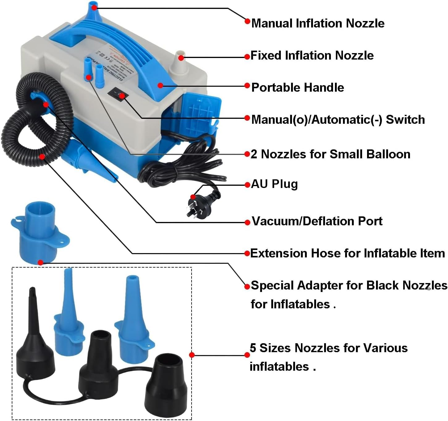 NOAEOU Electric Air Pump, Portable Dual Nozzle Balloon Inflator with Purpose Hose Extension,Multi-Functional Electric Pump for Air Mattresses, Inflatable Toys,Compression Bags, Balloons