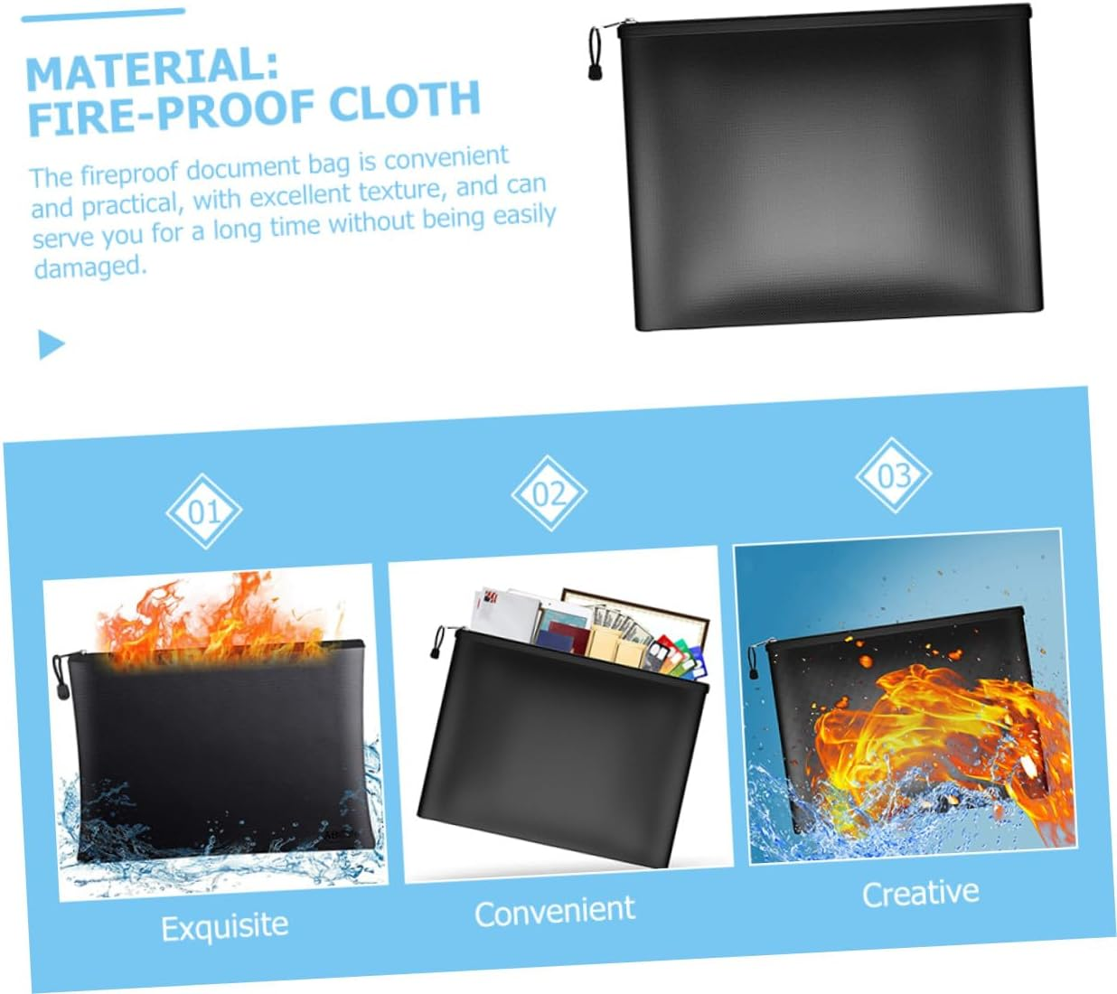 SOLUSTRE Fireproof Document Bag Pouch Medium Fireproof Organizer for Cash Passports Certificates Electronics Safe Storage for Travel and Home Use image number 6