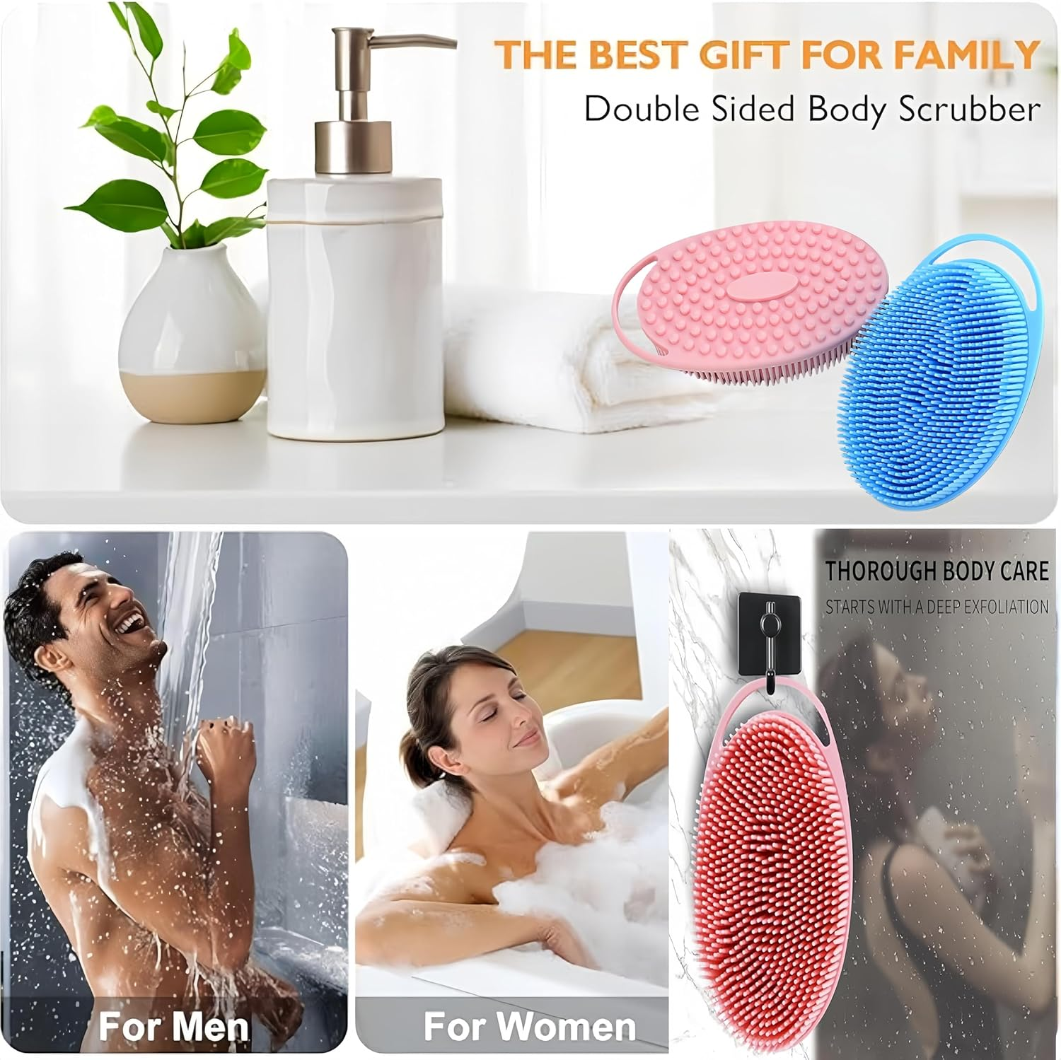 QIAOXUFE 2PCS Silicone Body Scrubber,2 in 1 Bath and Shampoo Body Brush,Exfoliating Body Scrubber for Use in Shower, Premium Silicone Loofah,Scalp Massager, Easy to Clean(Pink,Blue) image number 4