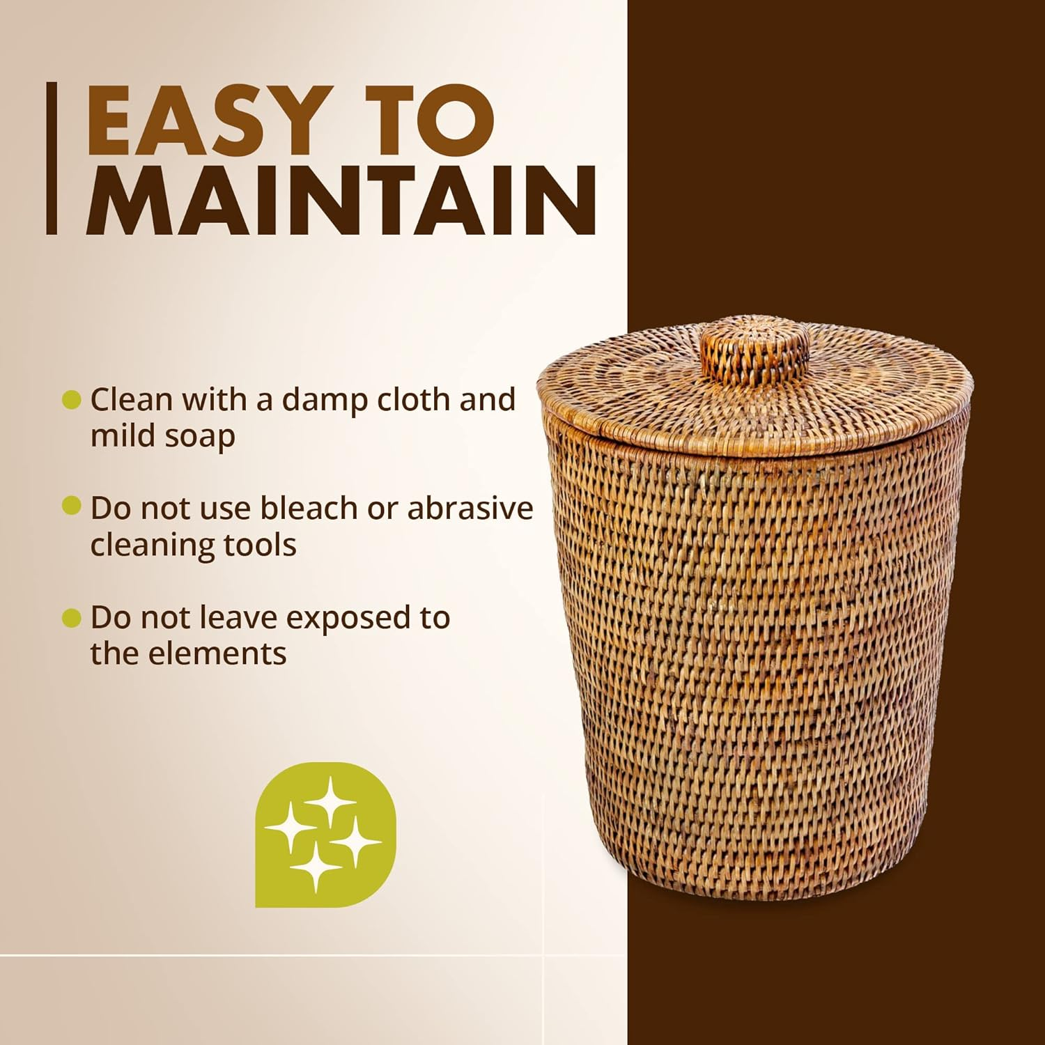 KOUBOO La Jolla Rattan round Waste Basket with Lid & Plastic Insert, 2 Gallon Woven Wastebasket for Bathroom, Kitchen, Office, Living Room, & Home Decor, Honey Brown