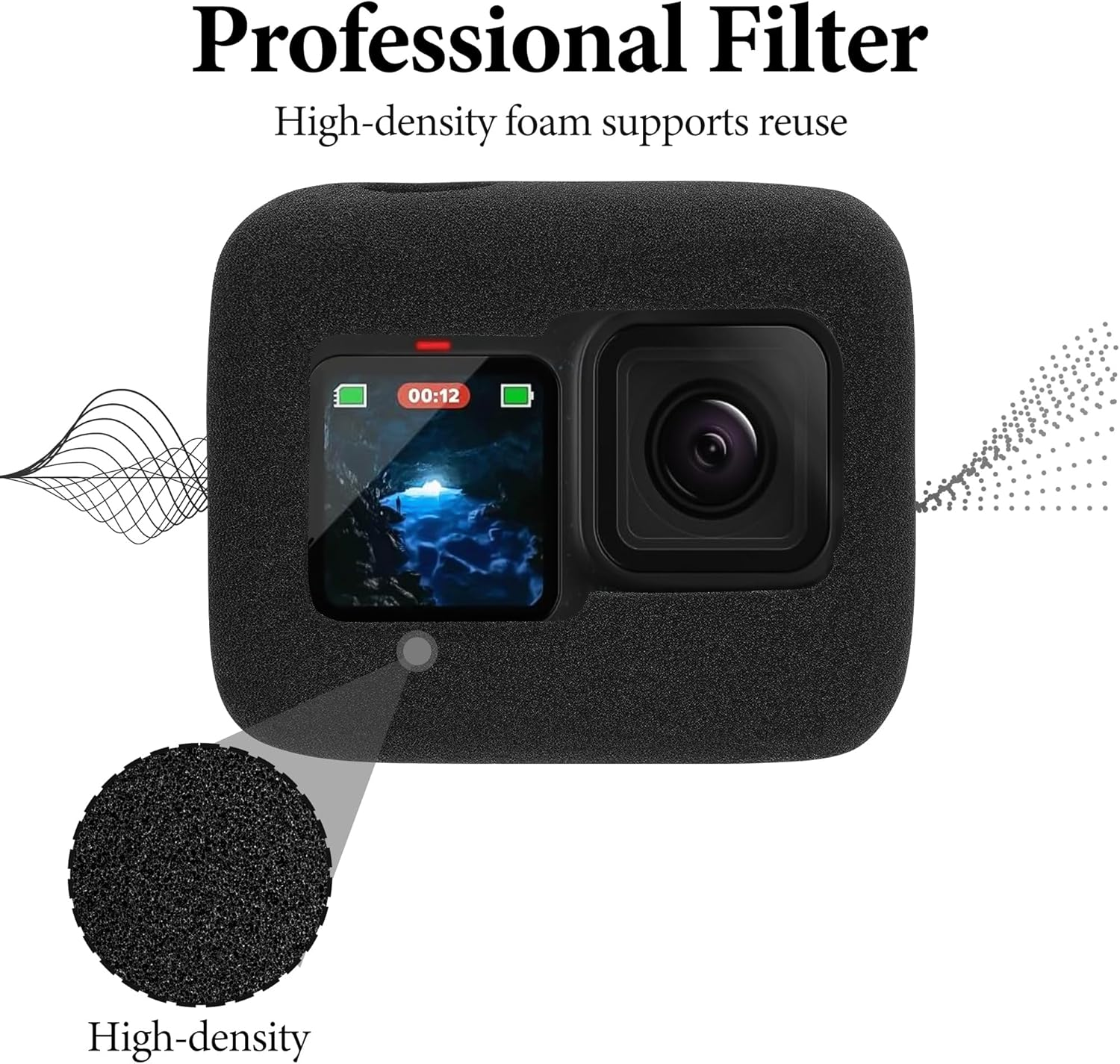 Geekria for Creators Windslayer Cover Wind Muff Compatible with Gopro Hero 13, 12, 11, 10, 9 Action Camera, Housing Frame Case, Video Noise Reduction Sponge Accessories (Black / 2 Pack) image number 2