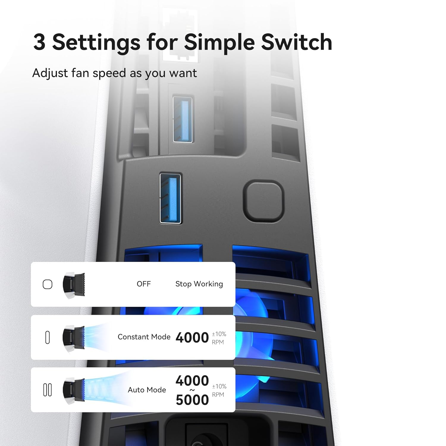 KIWIHOME Cooling Fan for PS5 Slim, Efficient Cooler Fan with Auto On/Off, Adjustable Speed, Quiet Cooling Fan with USB3.0 Port, Four Fan Cooling System with LED Light, Not for PS5 2020 and PS5 Pro image number 2