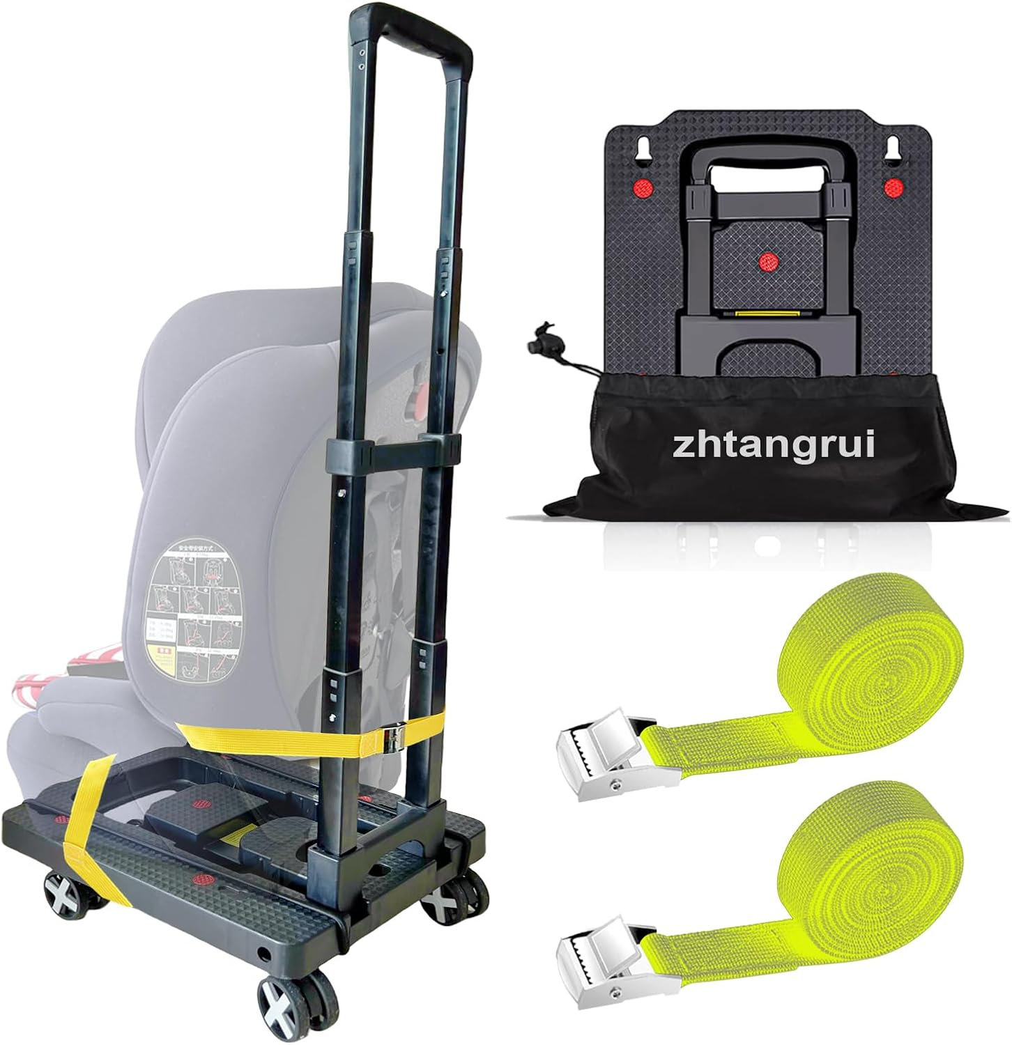 Car Seat Dolly for Airport - Car Seat Roller Cart Wheels for Airplane - Car Seat Travel Cart Carrier Strap Backpack Trolley Foldable Trolley Luggage Cart (Yellow)