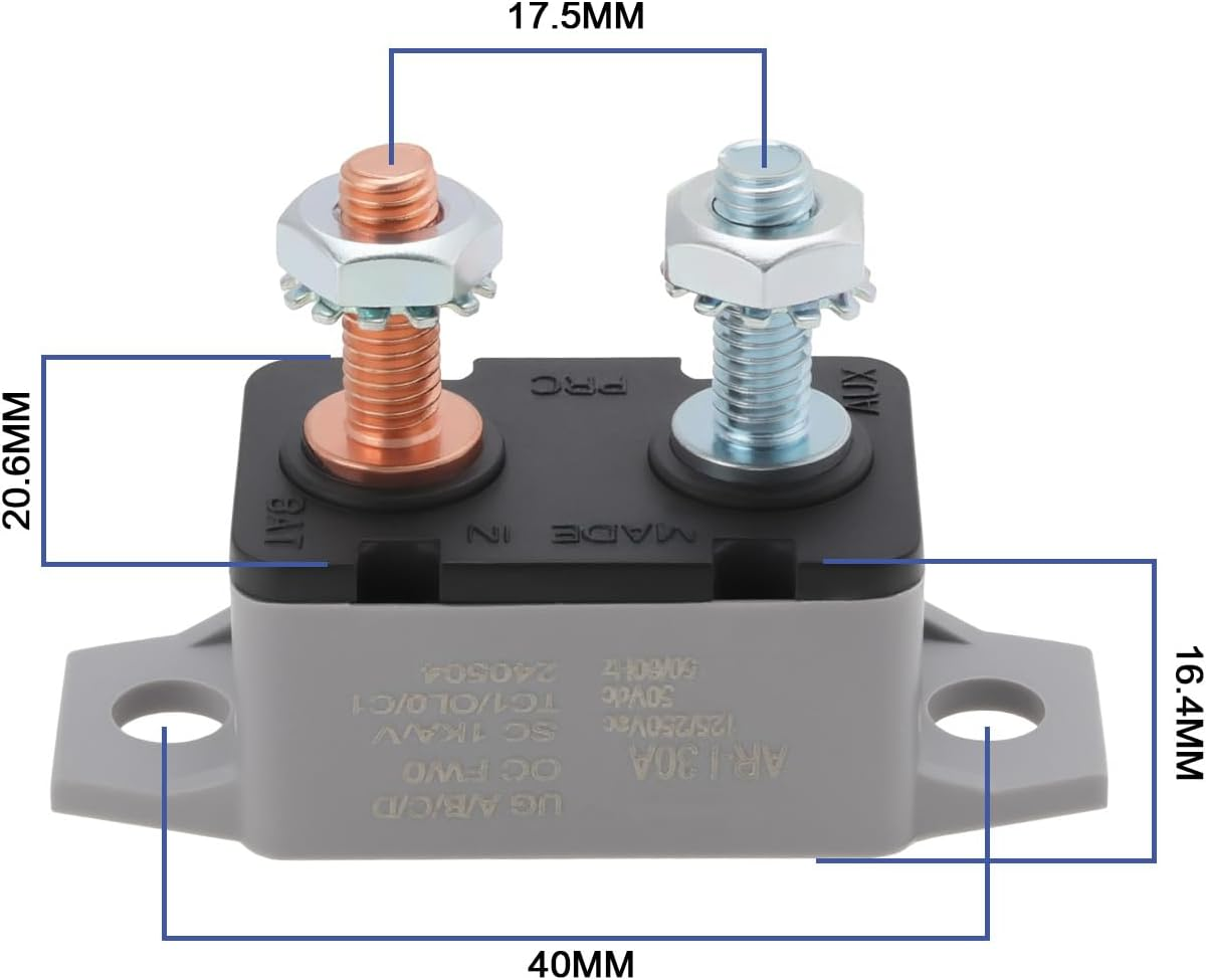 VGOL 2 Sets 30A Automatic Reset Circuit Breaker 6-48V Circuit Breaker Dual Battery Fuse with Cover Bolt for Car Marine Truck RV Buse Mower Motorbike Boat image number 3