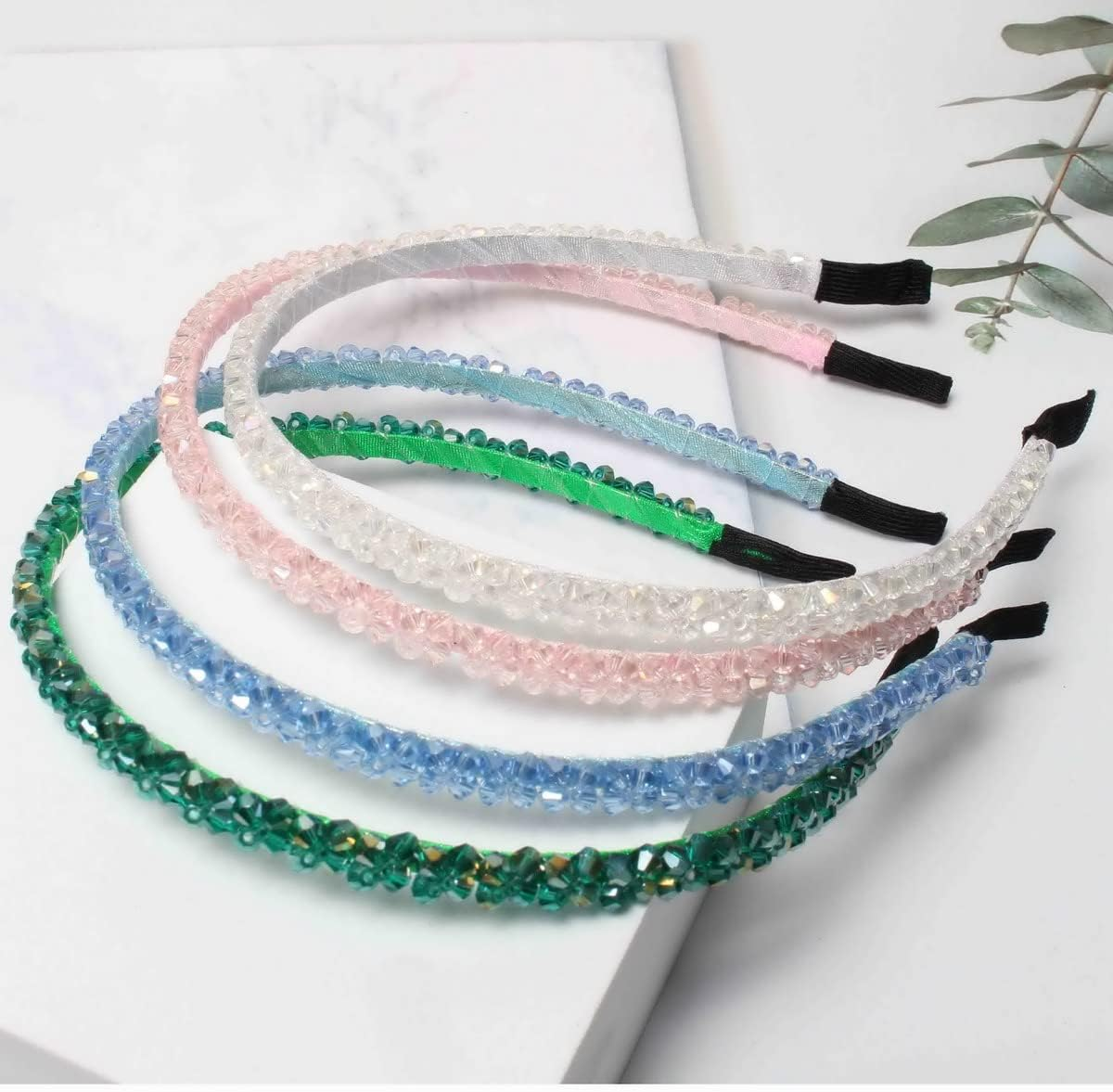 4 PK Crystal Rhinestone Headbands for Women Girls Double Rows Sparkly Beaded Hair Hoops Pink Weave Narrow Hair Bands Hair Accessories (Color B) image number 2