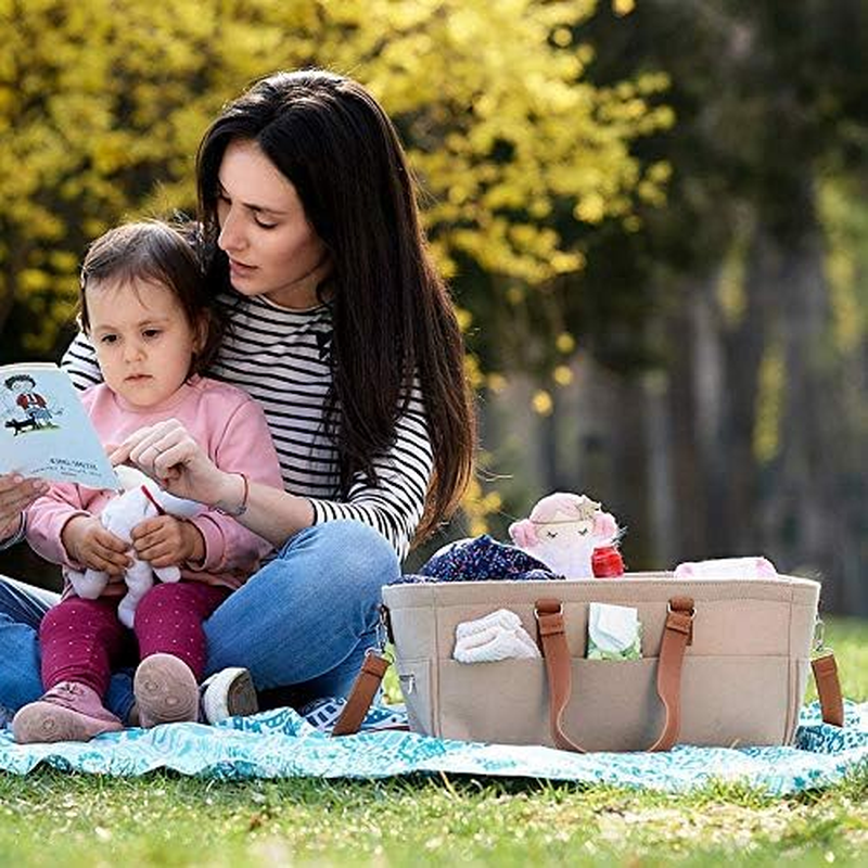 Monland Baby Diaper Organizer, Felt Basket Bag with Customizable Compartments, Leather Handles image number 4