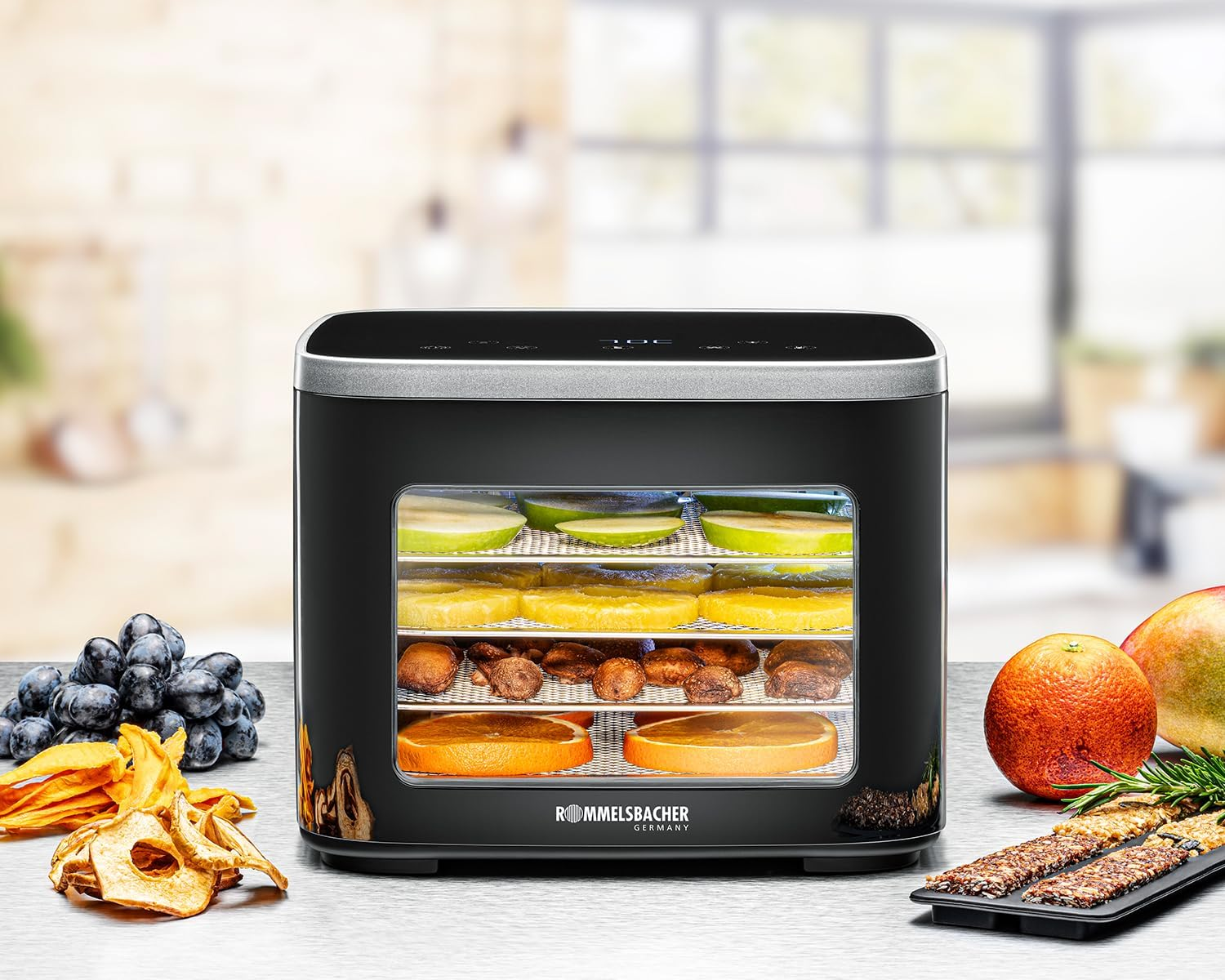 ROMMELSBACHER DA 450 Dehydrator 0.2 M&sup2; with 5 Stainless Steel Dehydrator Trays, 1 Drying Rack, 1 Drying Mat, 2 Cereal Moulds, LCD Display, 99 Hour Timer, Temperature Adjustable (35 &deg;C - 80 &deg;C)