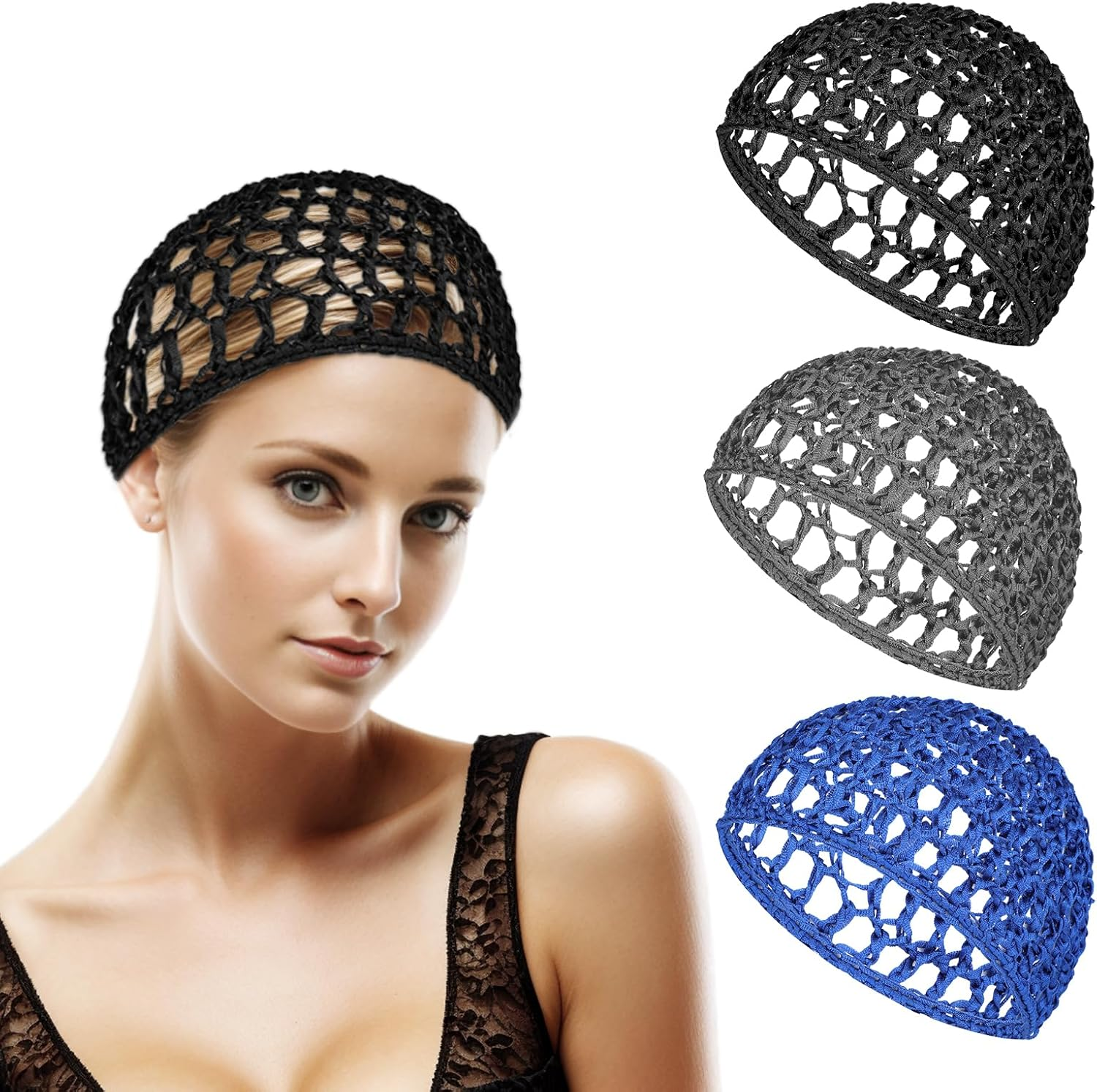 3Pcs Hair Net Soft Rayon Mesh Crocheted Hairnet Sleep Cap Mesh Cover Curls Hair Net Snoods Elastic Hairnet Hairs Cover Accessories for Women Men Night Sleeping Thick Long Short Curls Hairs