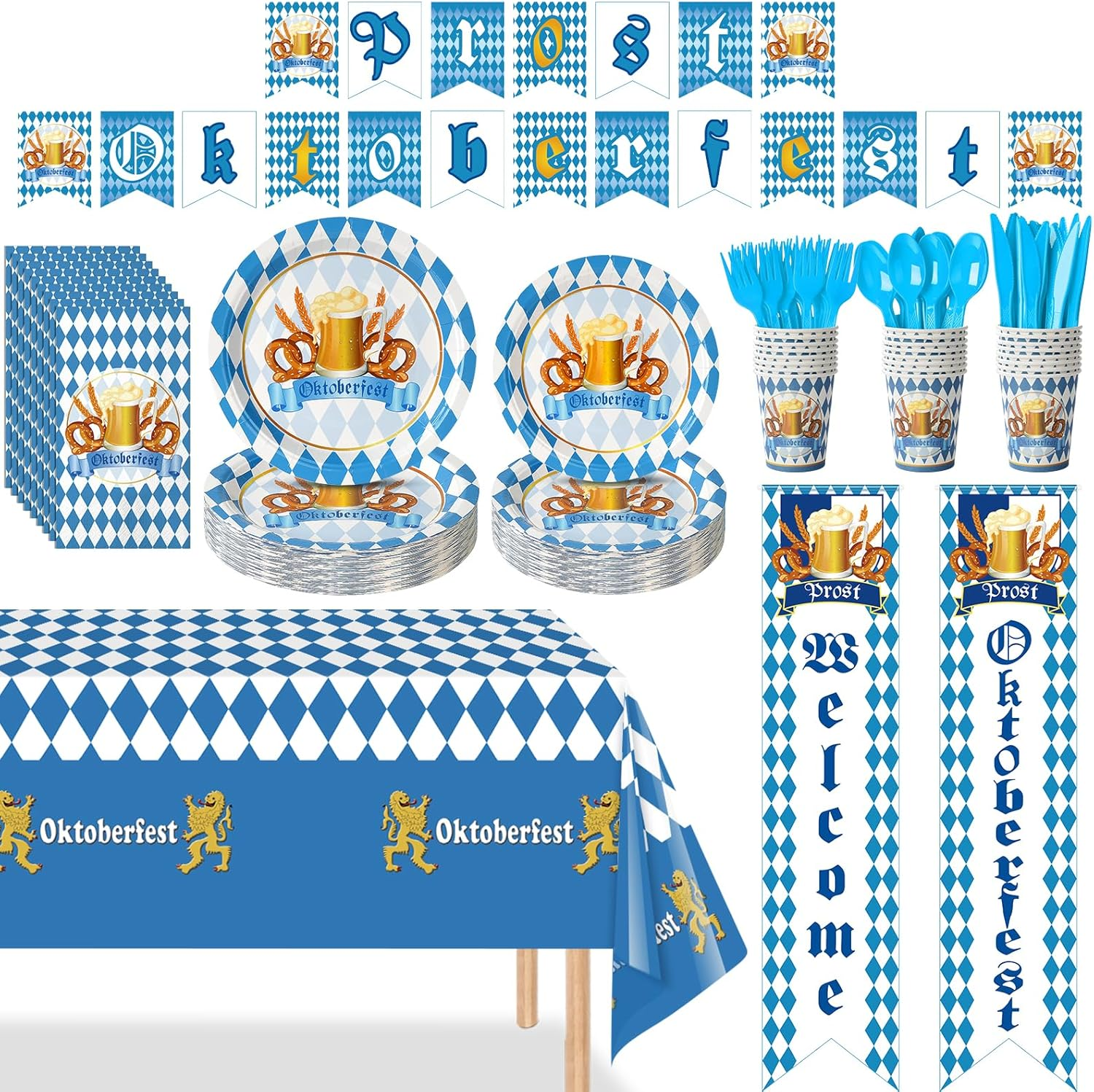 Ragnhild Oktoberfest Party Supplies Decorations, Blue & White Checkered Flag Tablecloth, Banner, Plates, Napkins, Cutlery Set for Oktoberfest Festival image number 5