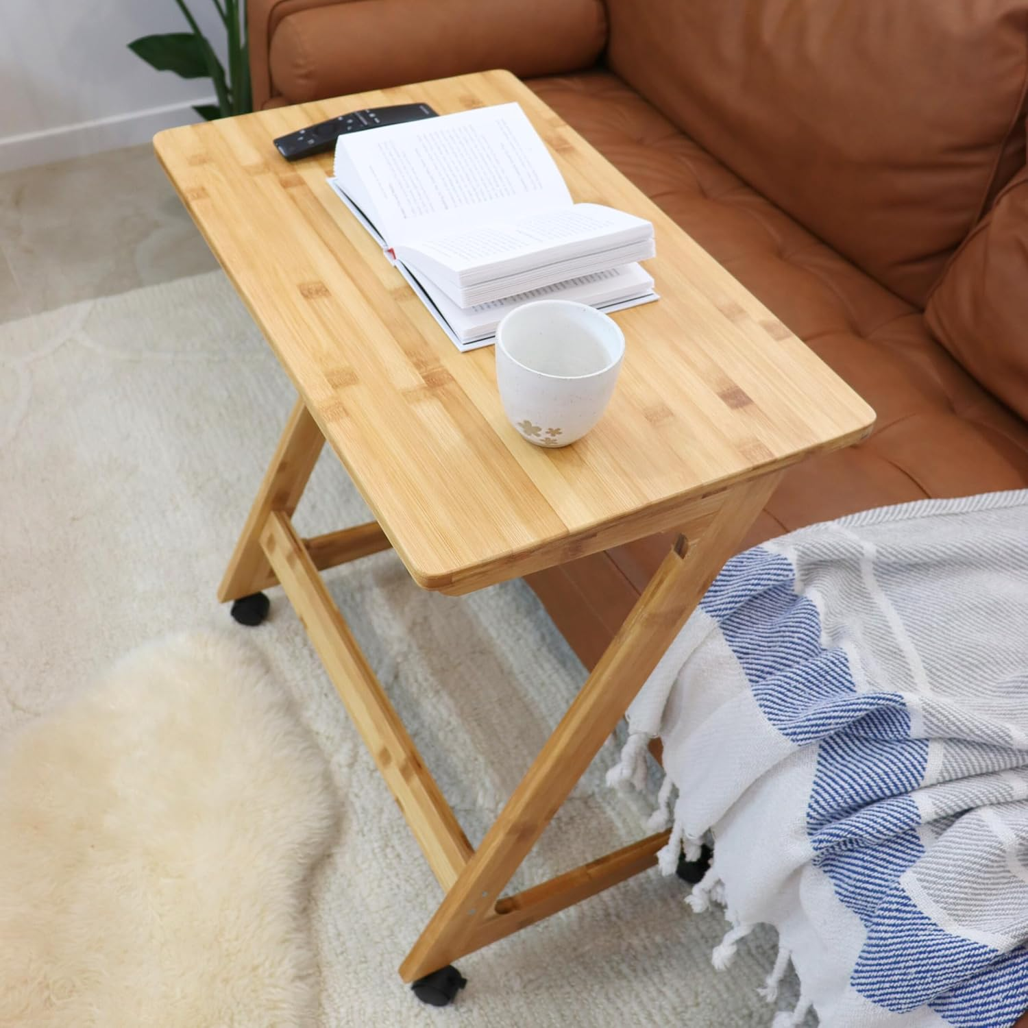 TV Tray Table, Side Table for Sofa, Couch, Bedside Table, End Table with or without Wheels, Rolling Table with Castors, Small Table for Living Room Furniture, Coffee Table, Bamboo (Z Shape) image number 5