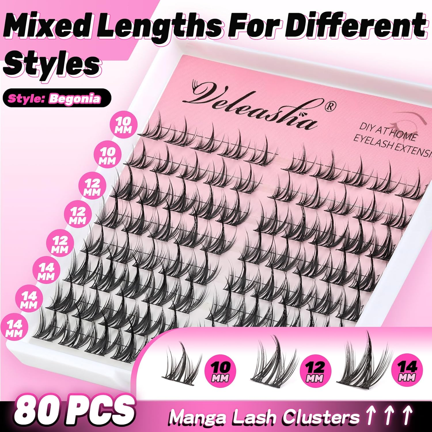 Veleasha Manga Lash Custers Set with Waterproof Lash Bond and Seal C Curl, 80 Pieces, 10-14 Mix Anime Cluster Eyelashes, Strong Hold, Non-Irritating Eyelashes, Glue for Eyelash Extensions (Begonia Kit image number 1