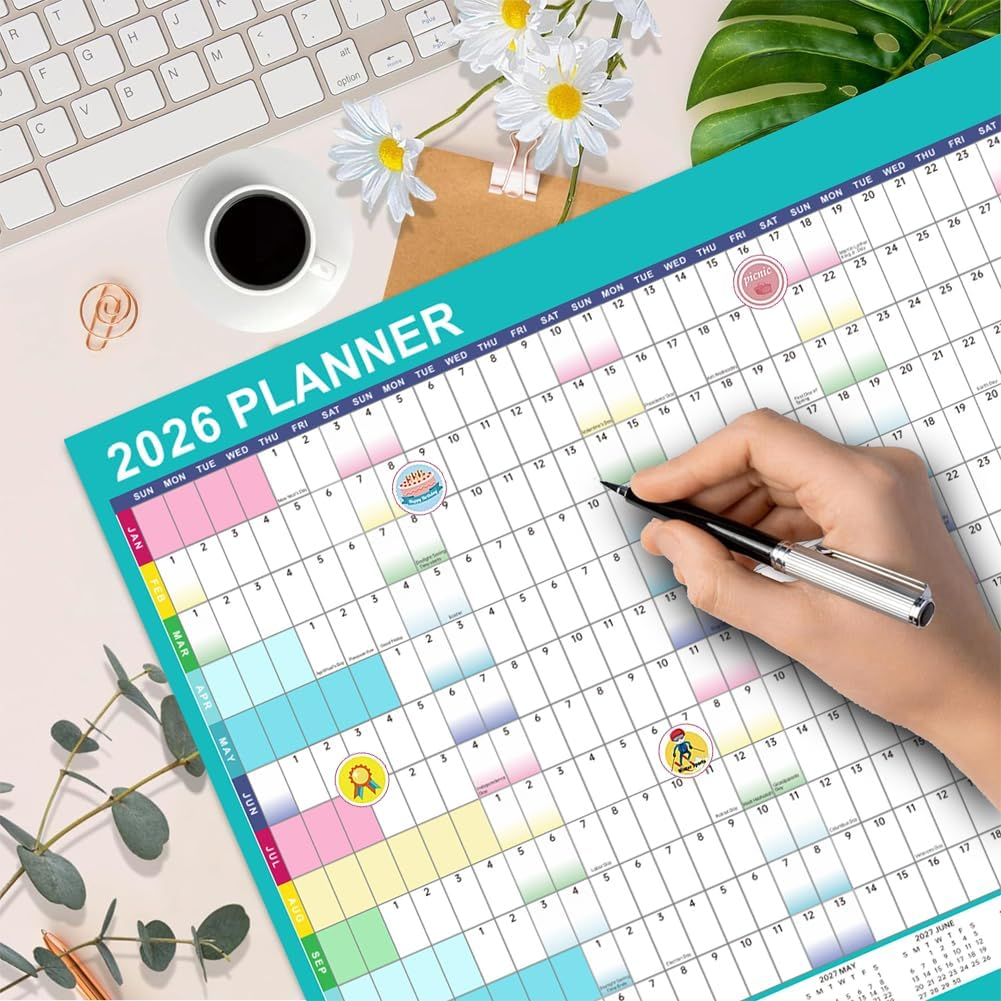 Geli 2026 Planner with 155 Pieces Sticker and 4 Marker Pens, Erasable Wall Calendar, 92 X 61 Cm, Academic Year Planner, January to December image number 2