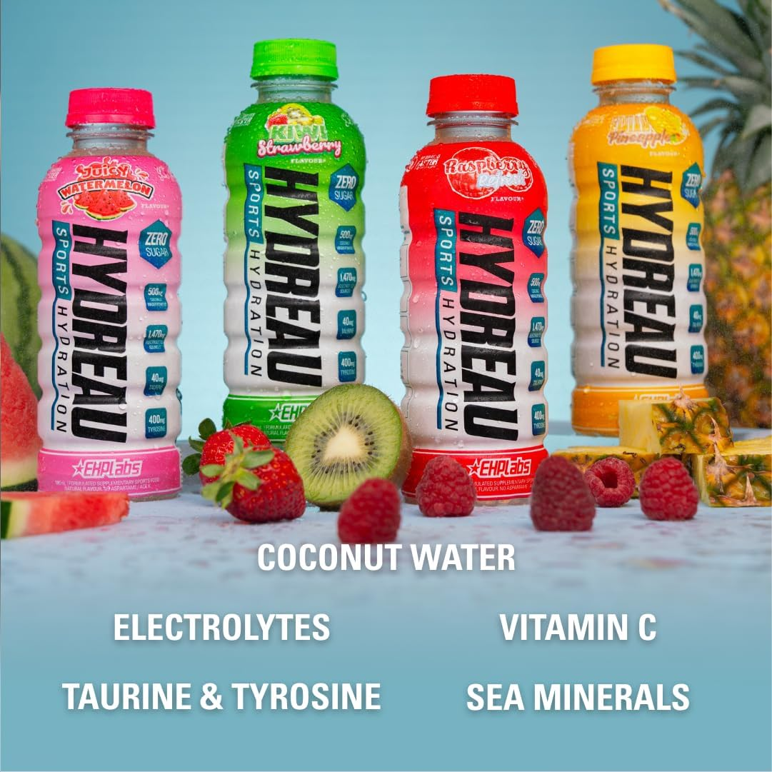 EHP Labs Hydreau Sports Electrolyte Hydration Drink - Sugar Free Electrolytes with Coconut Water Powder, Taurine & Tyrosine - Essential Electrolytes for Energy, Focus, & Endurance. 12 Pack, Kiwi Strawberry