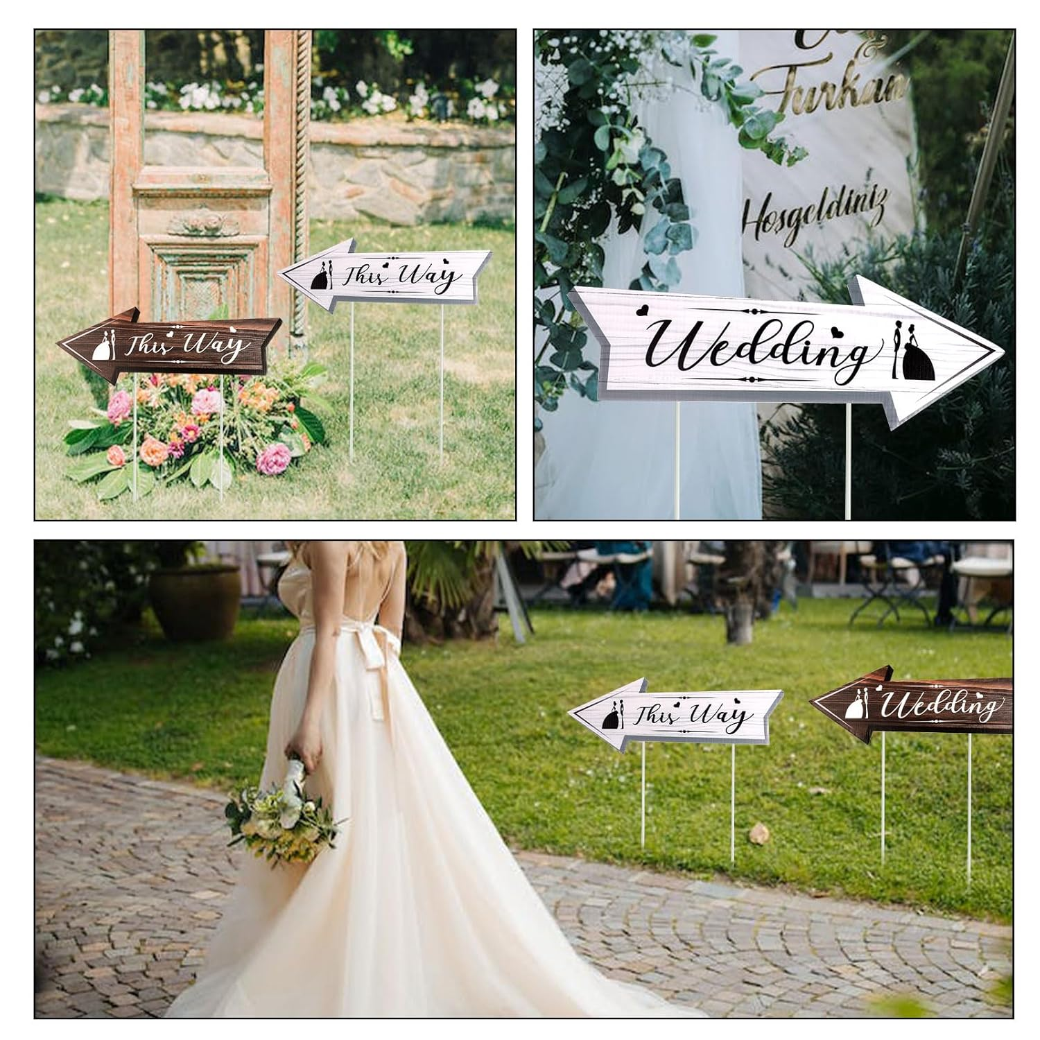 4Pcs Wedding Directional Road Sign, 17X6 Inch Wedding Yard Signs with Stakes Double-Side Printed Yard Sign Arrow Waterproof Wedding Signs for Ceremony & Reception Outdoor Road Signs