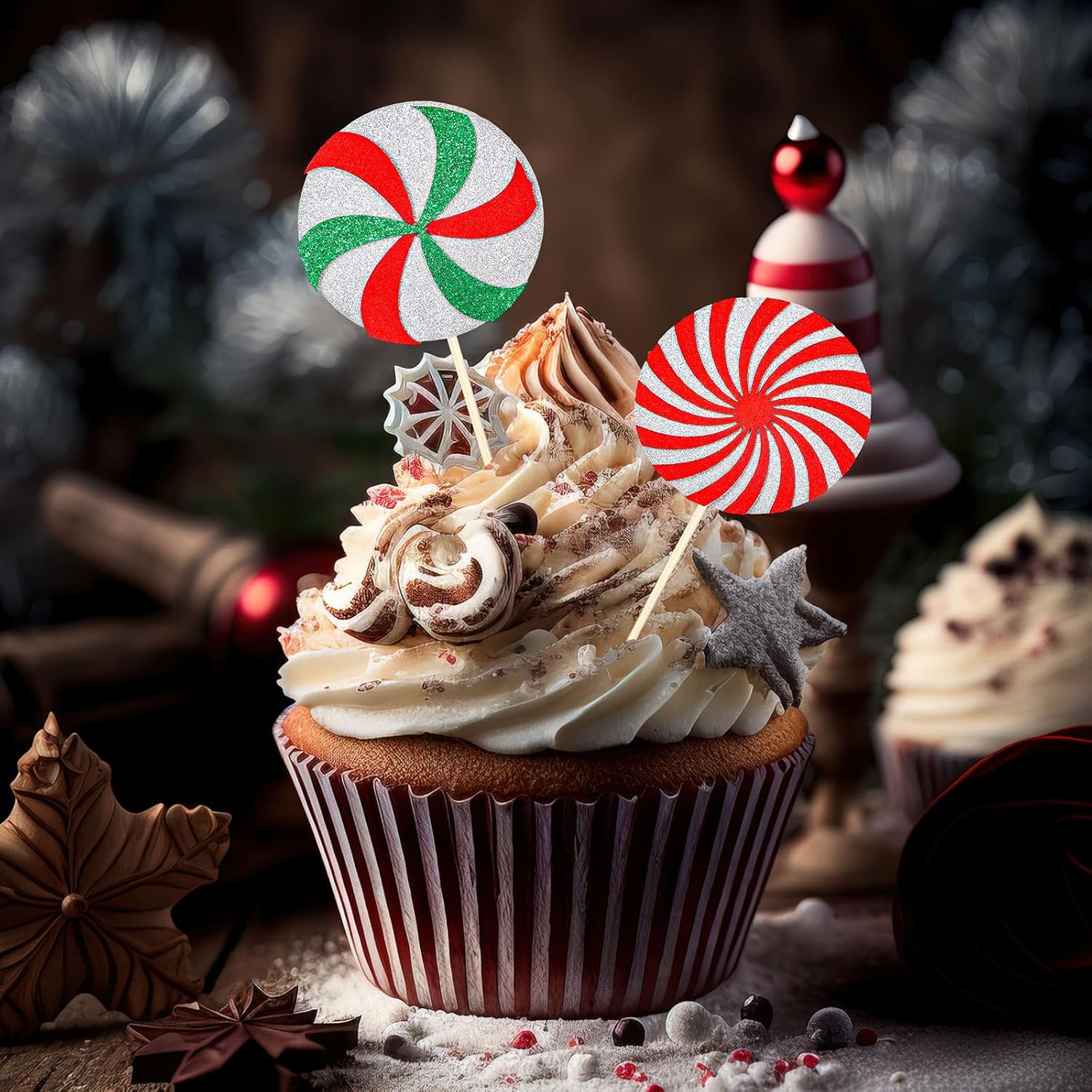 Whaline 24Pcs Christmas Cupcake Toppers Red Green Glitter Xmas Peppermint Candy Cupcake Picks for Xmas Holiday New Year Gathering Celebration Birthday Party Cake Decoration Supplies, 8 Styles image number 1