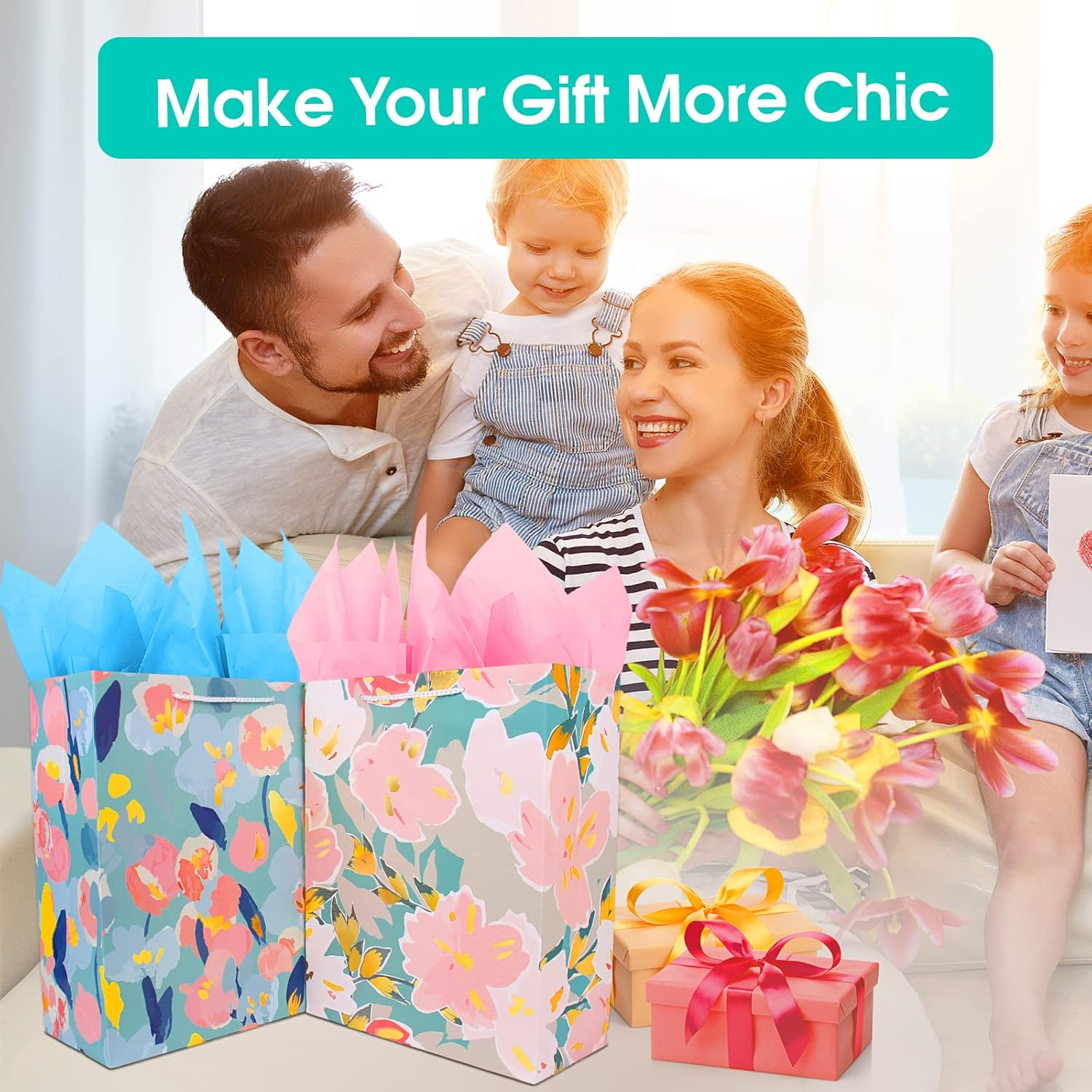 Gift Bag for Women Girl Her,Large Gift Bag with Tissue Paper,Elegant Birthday Gift Bag with Flower Foil Gold Marking,Big Gift Bag Birthday Gift Wrap Bag,Birthday Bag Present Bag for Birthdays Mother'S Day Bridal Shower Wedding Retirement Anniversarie Engagement Any Occasion - Turquoise,Pink image number 6