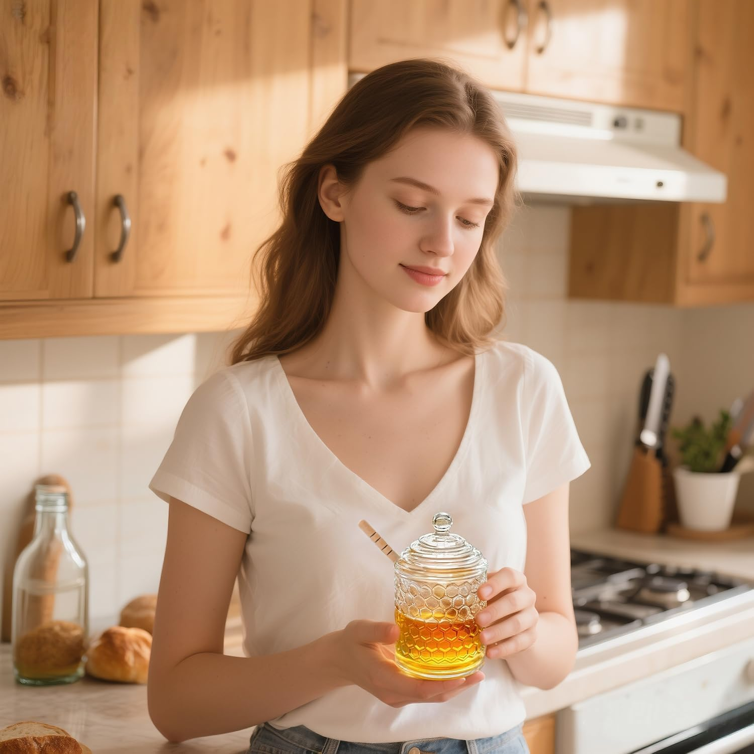 Kanpura Clear Crystal Honey Pot with Dipper and Lid Glass Honey Jar with Dispenser Honey Holder and Syrup Container for Home Kitchen,9 Oz image number 2
