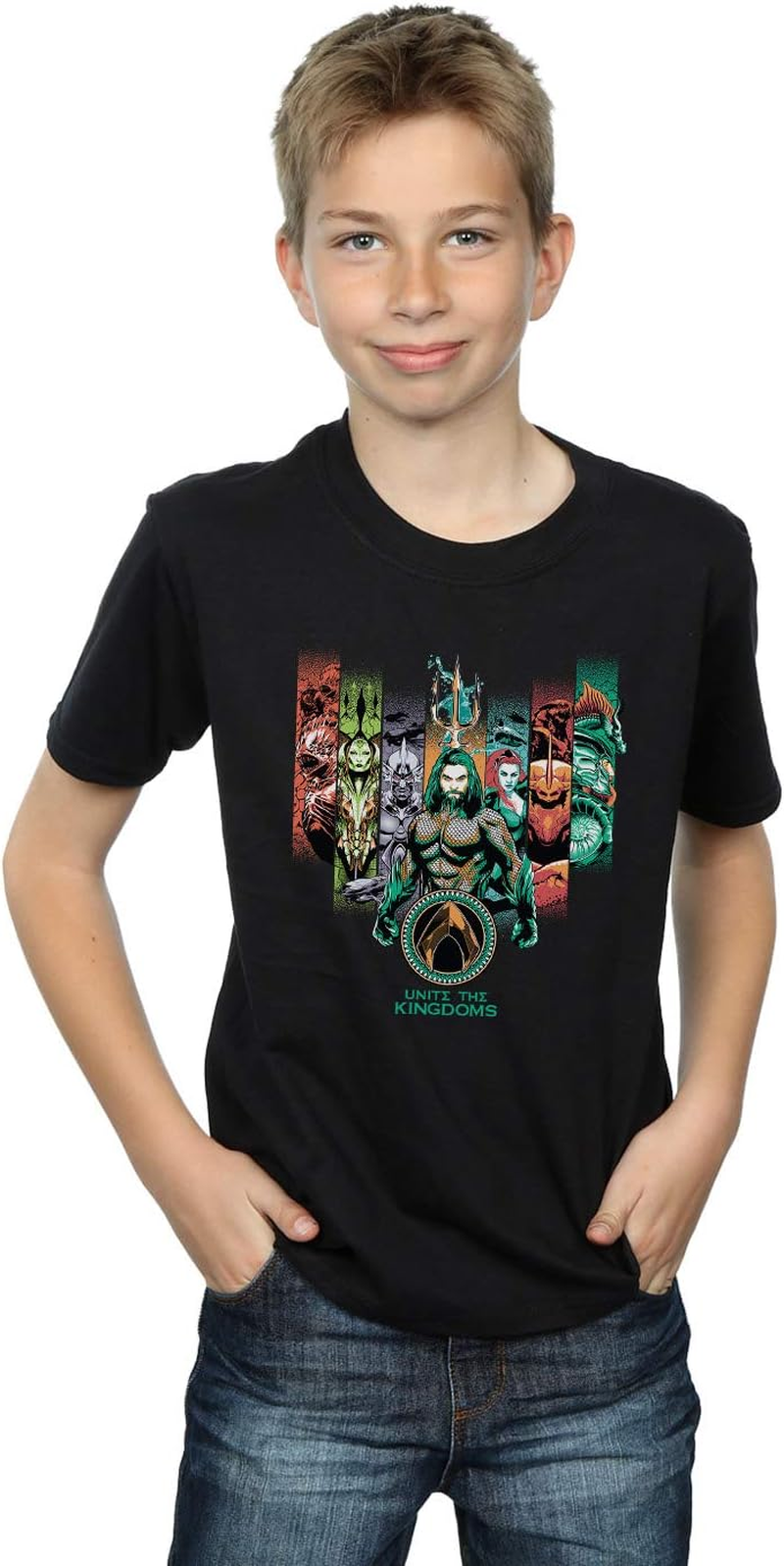 DC Comics Boys Aquaman Unite the Kingdoms T-Shirt Black 7-8 Years