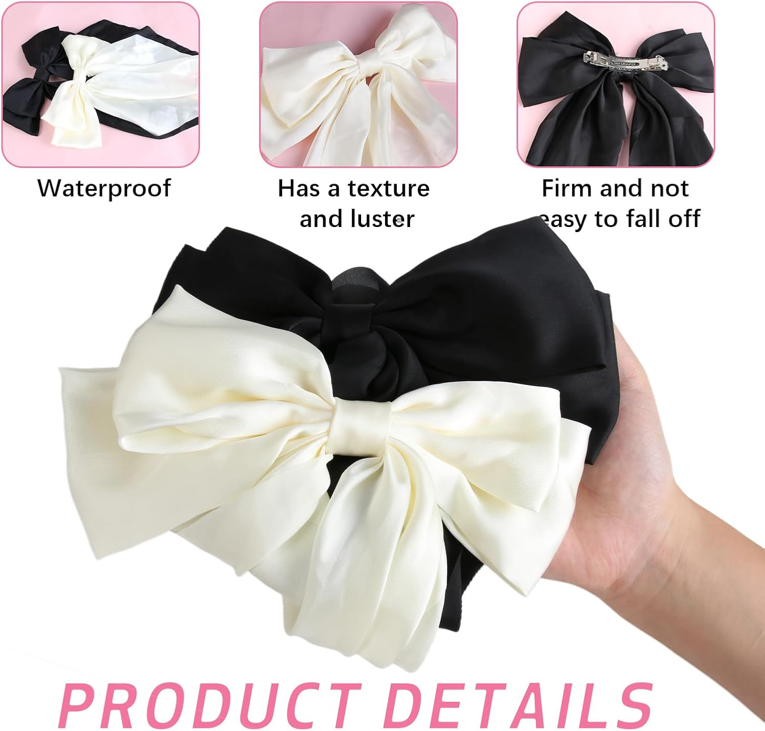 Ownkim Set of 2 Hair Bows for Women Silky Satin - Large Elegant Hair Clips for Women and Girls, Black and White image number 6