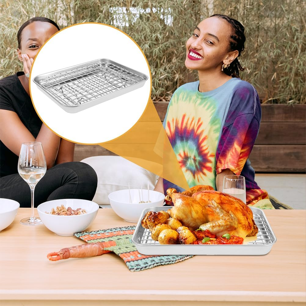 JECOMPRIS Stainless Steel Baking Sheet with Wire Rack Set, Metal Toaster Oven Tray Cookie Sheet Pan Rimmed Sheet for Roasting Cooking Cooling Cookie Bacon Steak image number 6