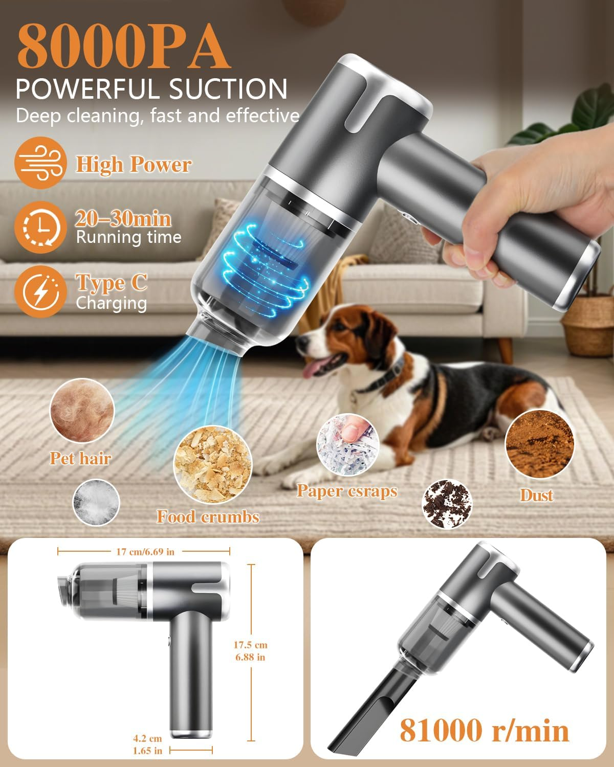 Handheld Car Vacuum Cleaner Cordless, 8000Pa Powerful 2-In-1 Lightweight Vacuum and Air Blower, Dual Filter Rechargeable Mini Hoover for Pet Hair, Car, Home, Office, Kitchen image number 3