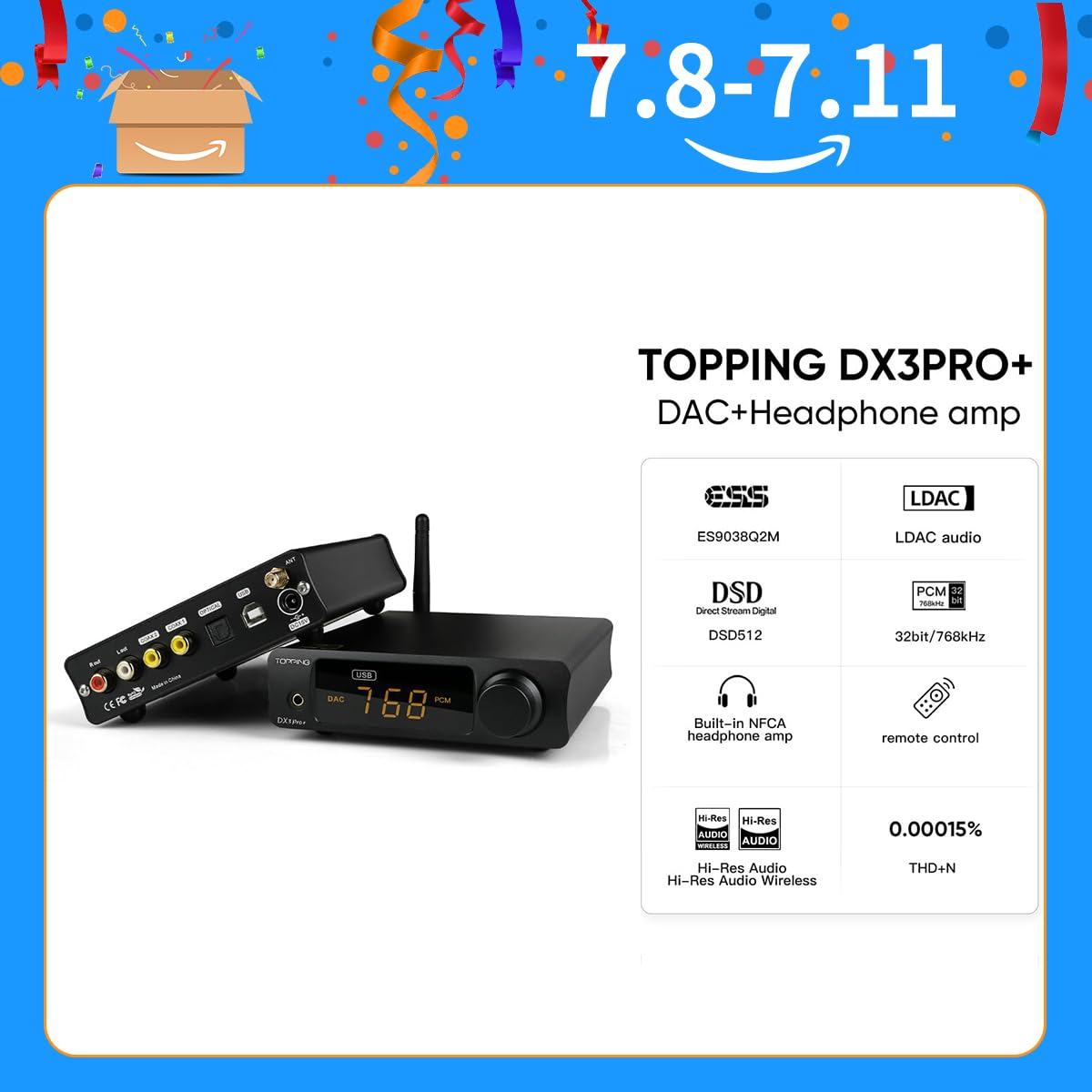 Topping Dx3Pro+ LDAC Headphone Amplifier Decoding NFCA XMOS XU208 Pre-Amp Bluetooth5.0 Usb/Opt/Coax ES9038Q2M DSD512 PCM768 Hi-Res Audio DAC with Remote Control (Black) image number 2