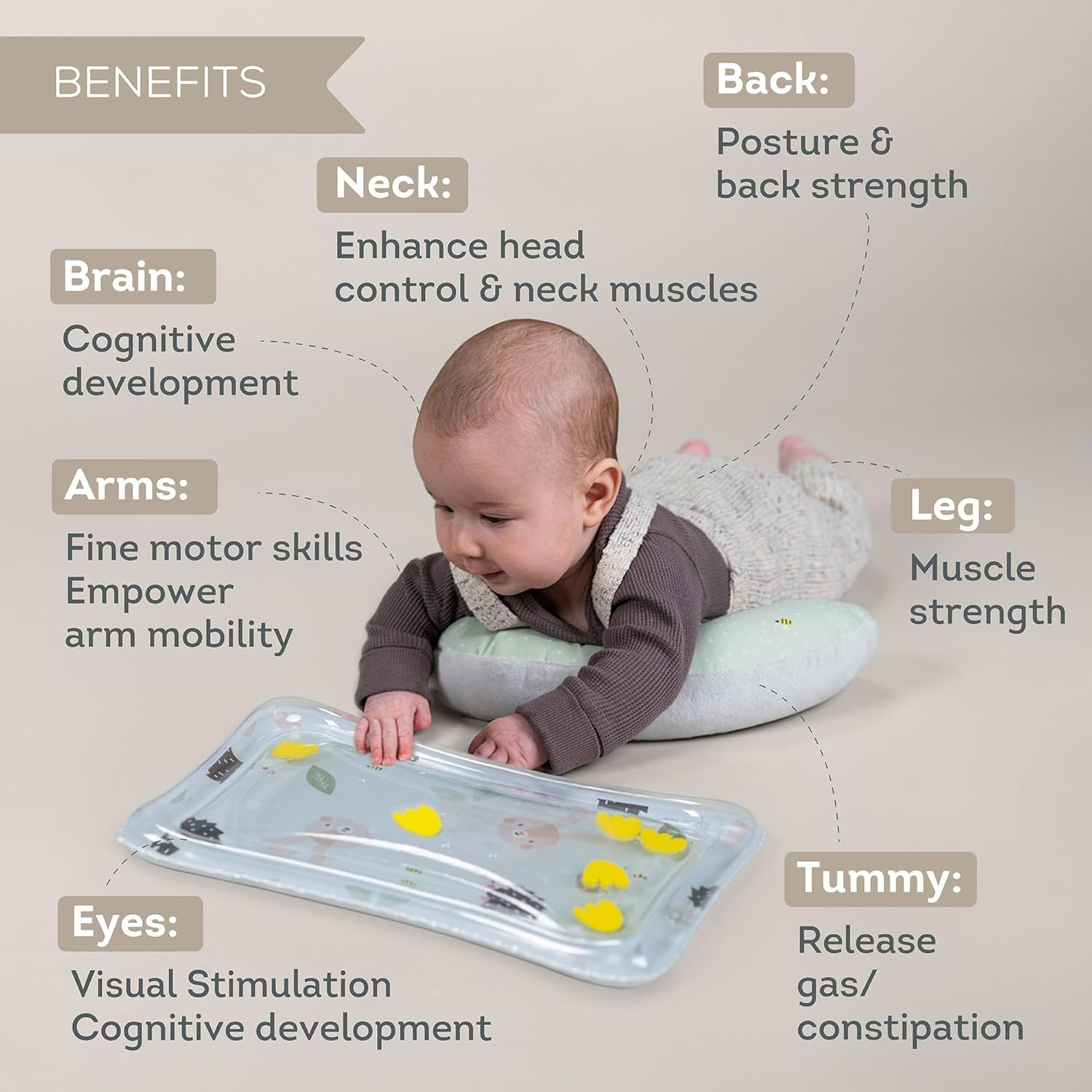 Taf Toys Tummy Time Set with Water Mat and Supportive Cushion for Baby Development &ndash; Infant Activity Play Mat and Lounge Pillow for Newborns, Infants, and Toddlers image number 4