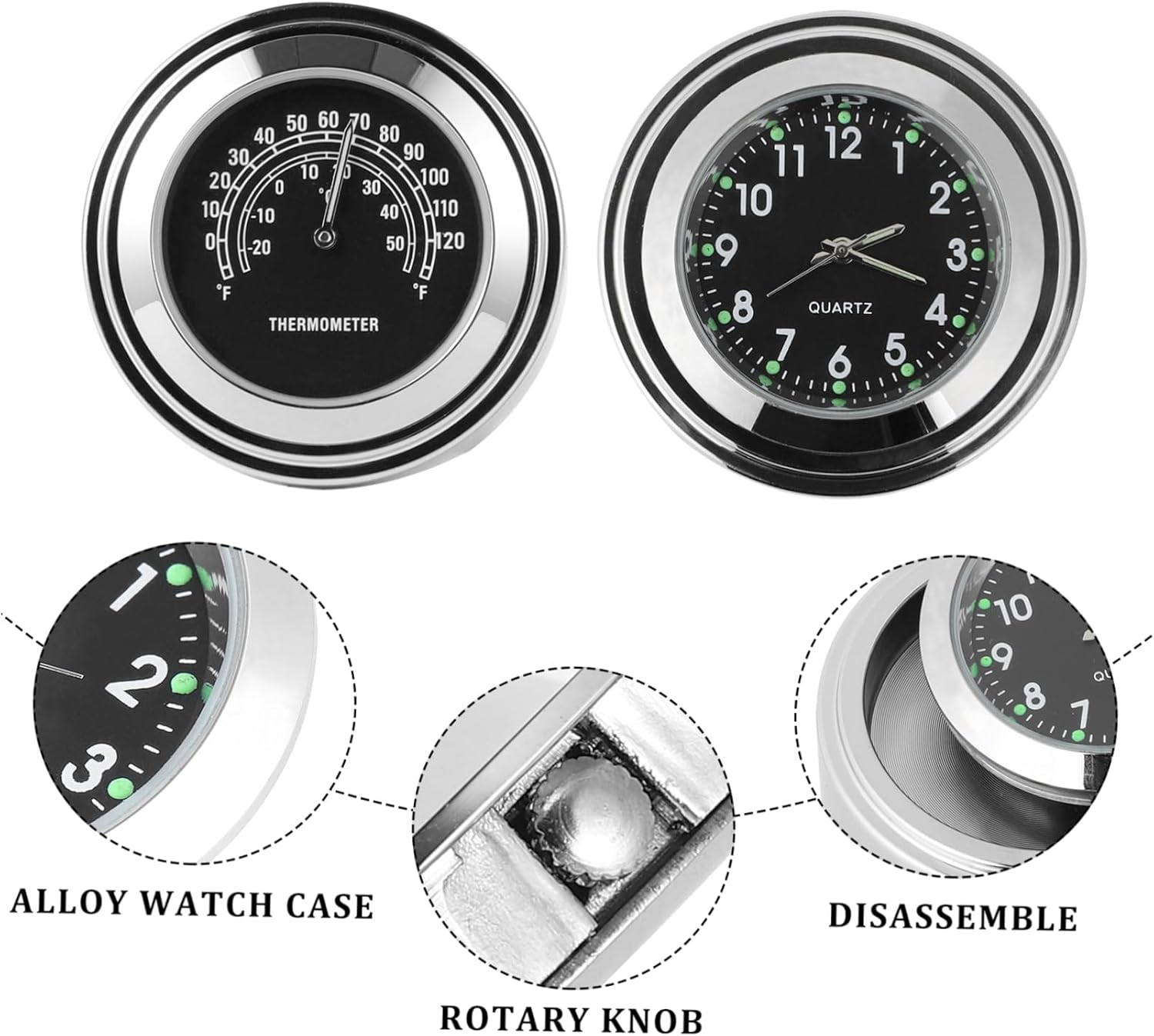 BESPORTBLE 2Pcs Motorcycle Handlebar Clock Thermometer Waterproof 22-25Mm Practical Dial Handlebar Mount Motorbike Accessories image number 2