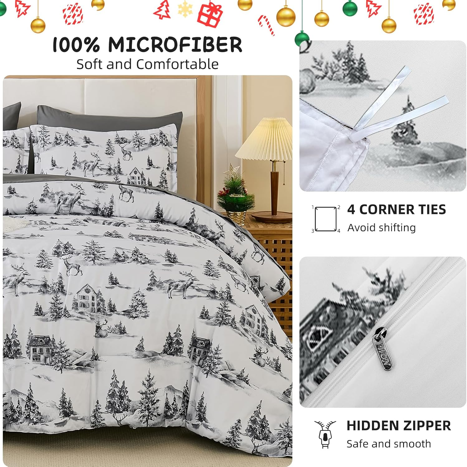 Dobuyly Christmas Duvet Cover Set Queen Size 3PCS Grey Lodge Reindeer Tree Duvet Cover with 2 Pillowcases, Soft Microfiber Xmas Holiday Bedding Set 90"X90"(No Comforter) image number 1