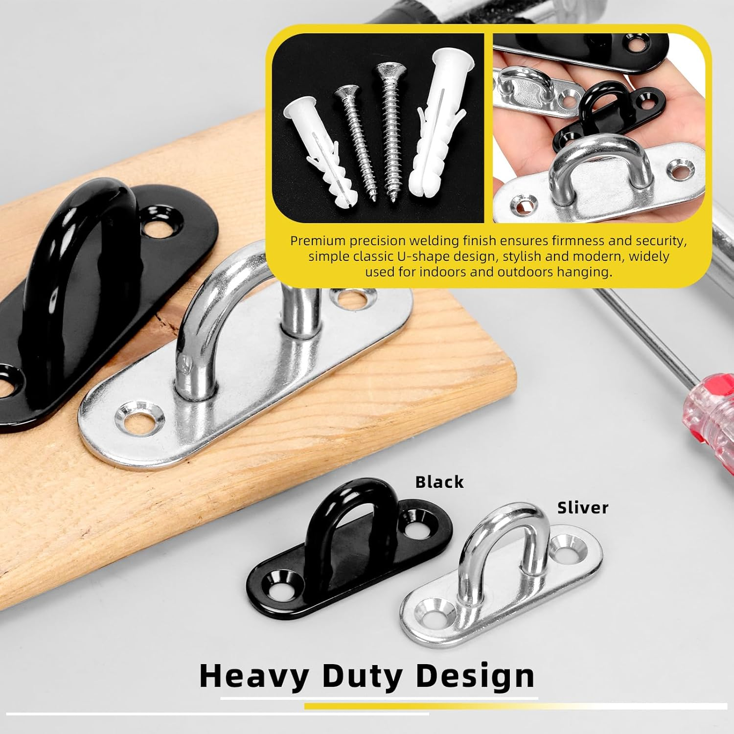 Mardatt 4 Pack M5 304 Stainless Steel Pad Eye Plate U Hooks, Marine Hardware Hook with Screws Anchors, Heavy Duty Ceiling Hooks Pad Eyes Plate, Black image number 3