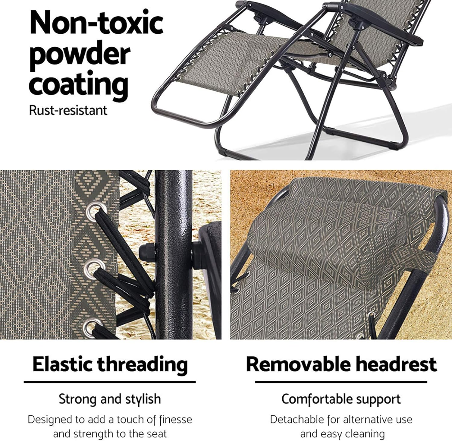 Gardeon Zero Gravity Portable Reclining Lounge Folding Outdoor Camping Beach Chair Beige - Black image number 4