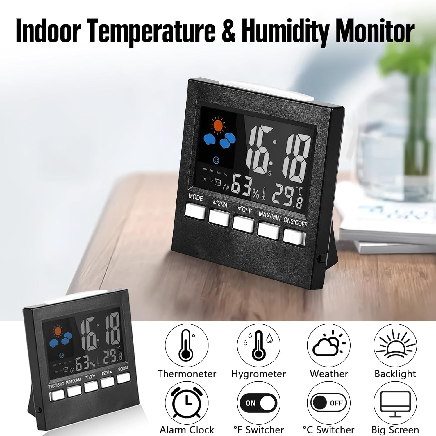 Hygrometer Indoor Thermometer, Large LCD Display Digital Temperature Humidity Monitor with Alarm Clock, Weather Forecast and USB Wire for Home Office image number 6