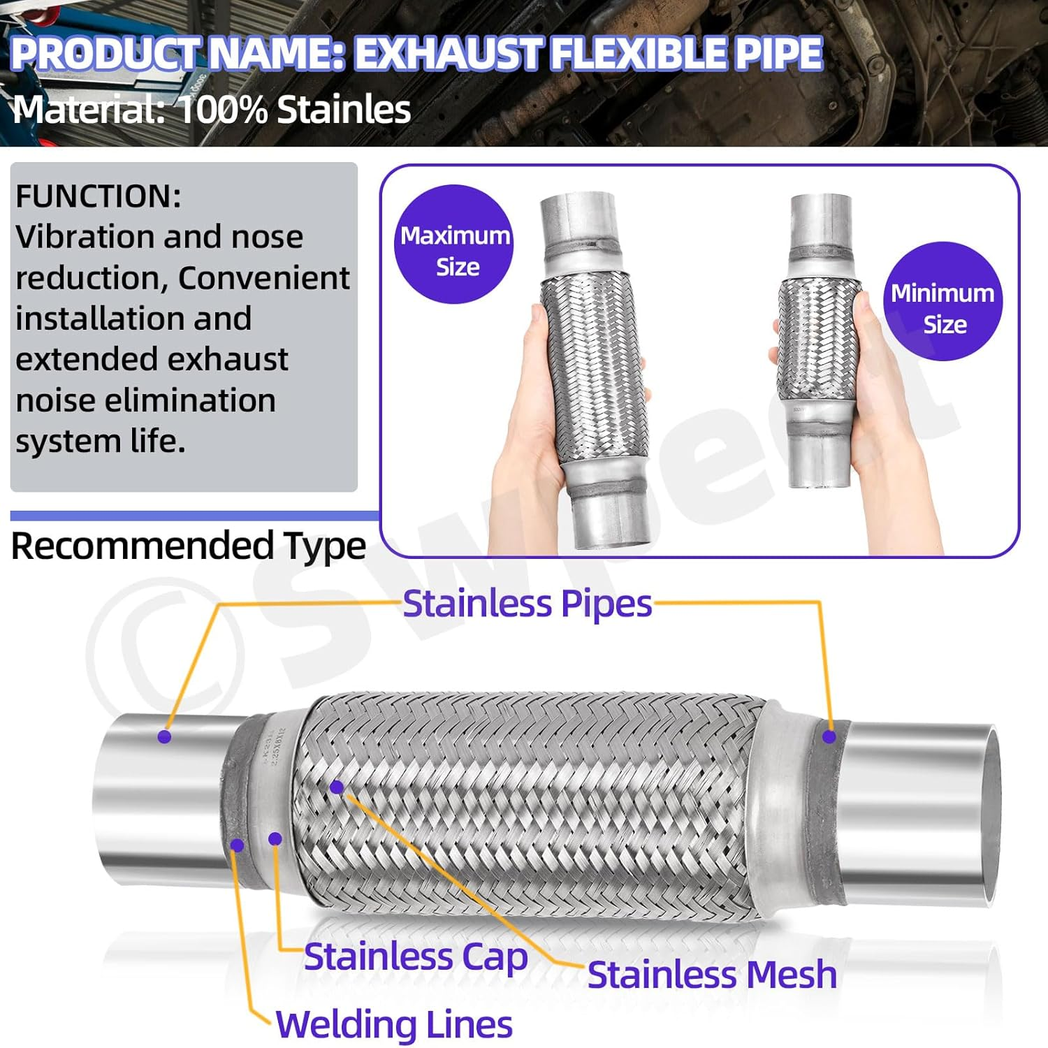 Swpeet 3Pcs 2.5 X 7.9 Inches Exhaust Flex Pipe with 2.5 Inches Exhaust U Clamp Kit, Universal Type Stainless Steel Double Braid Zinc Pipes Exhaust Flex Tube Ideal for Heavy Duty and Cars image number 4