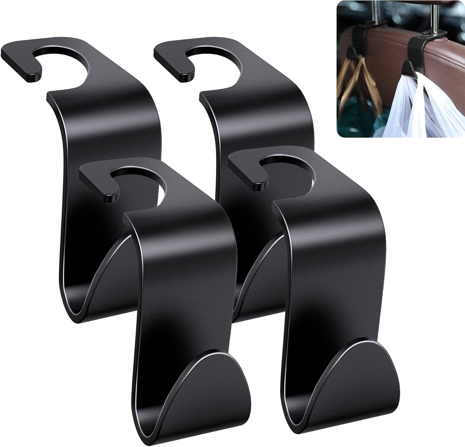 Heatunk 4-Pack Heavy-Duty Car Seat Headrest Hooks - Space-Saving Black Purse and Bag Holders for Vehicles image number 6