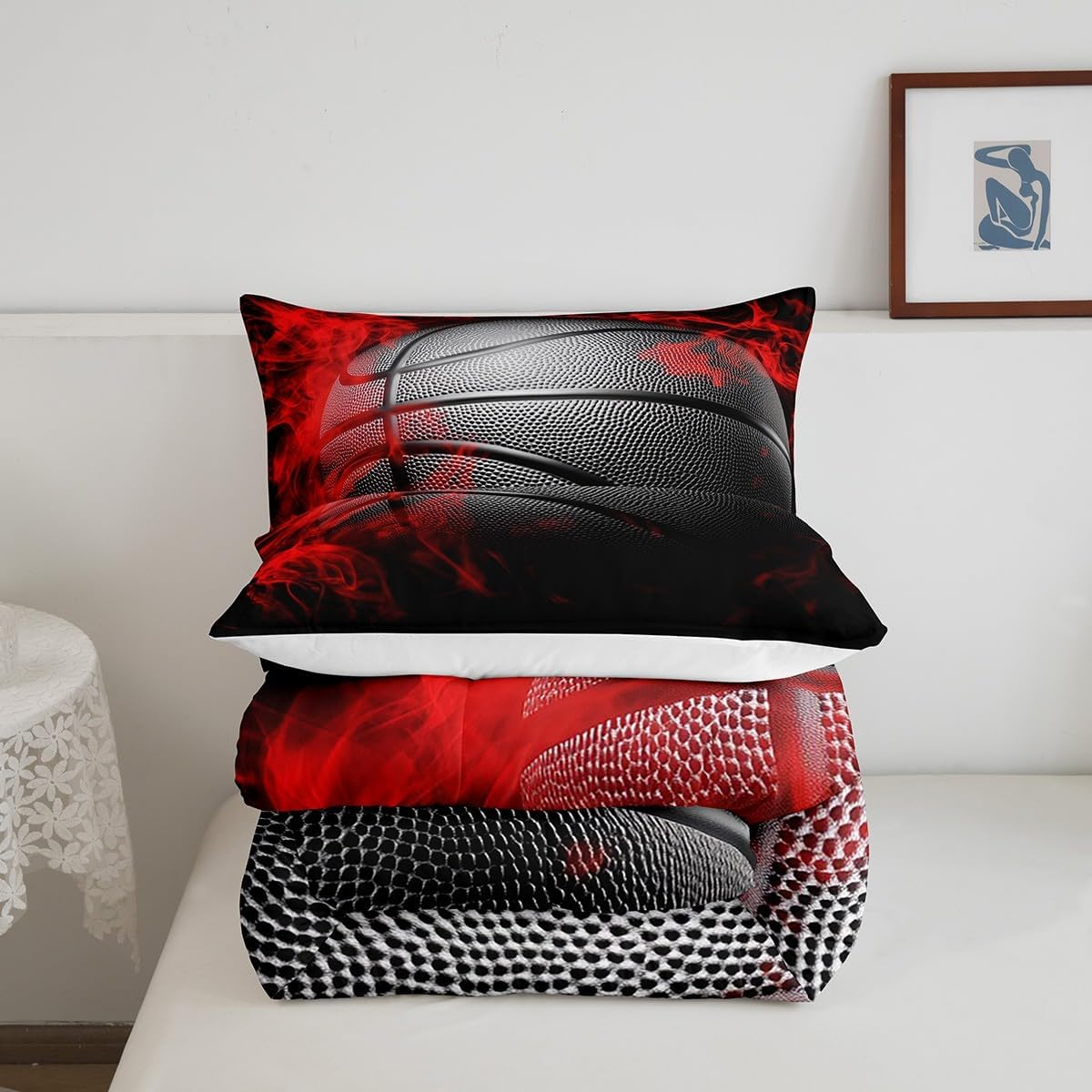 Homewish Basketball Comforter Set King Size Black Basketball Print Bedding Set 3Pcs for Kids Boys Girls Teens Adults Gamer Bedroom Decor,Ball Gaming Sports Theme Duvet Insert with 2 Pillowcases image number 6